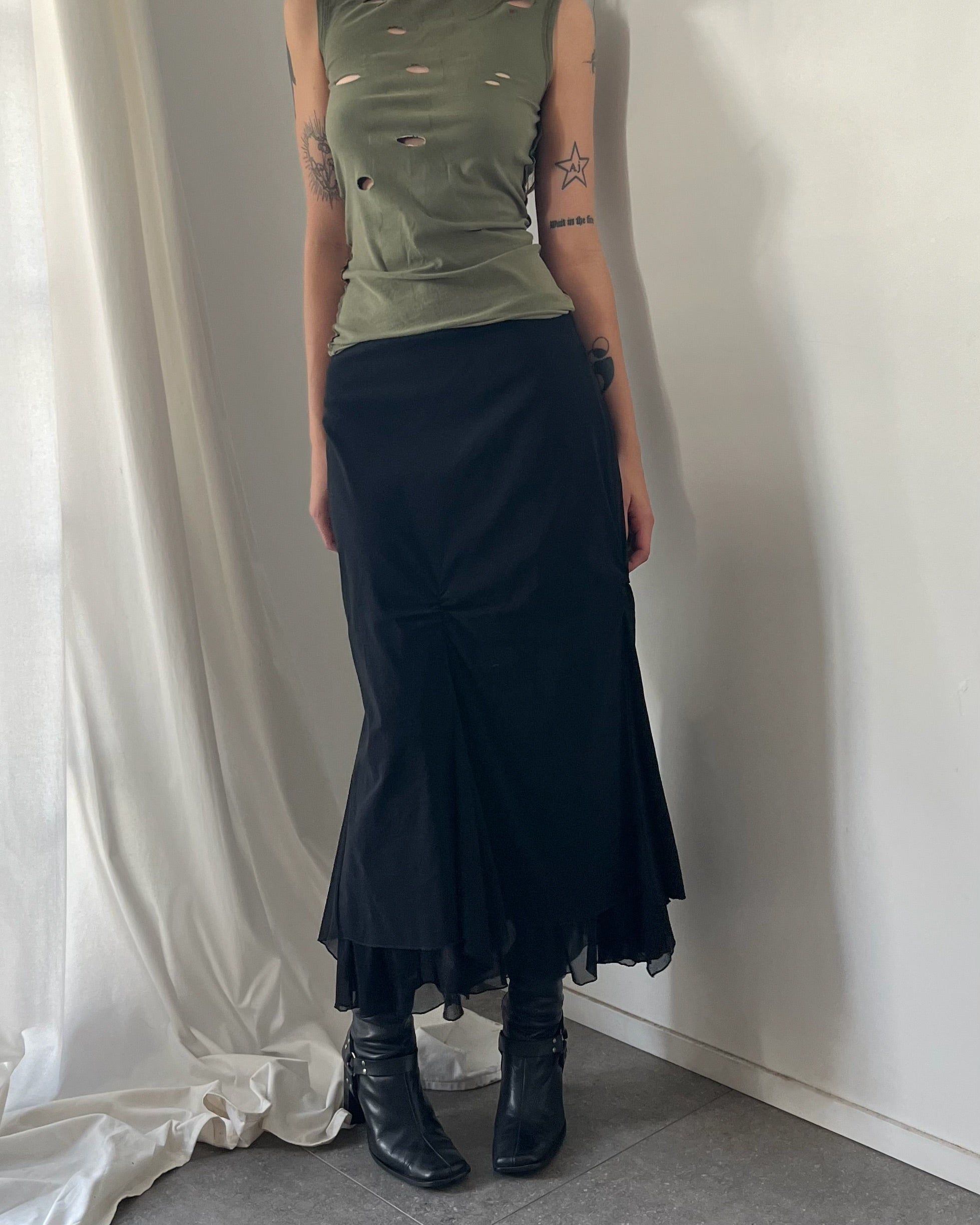 2000s ruched layered midi skirt