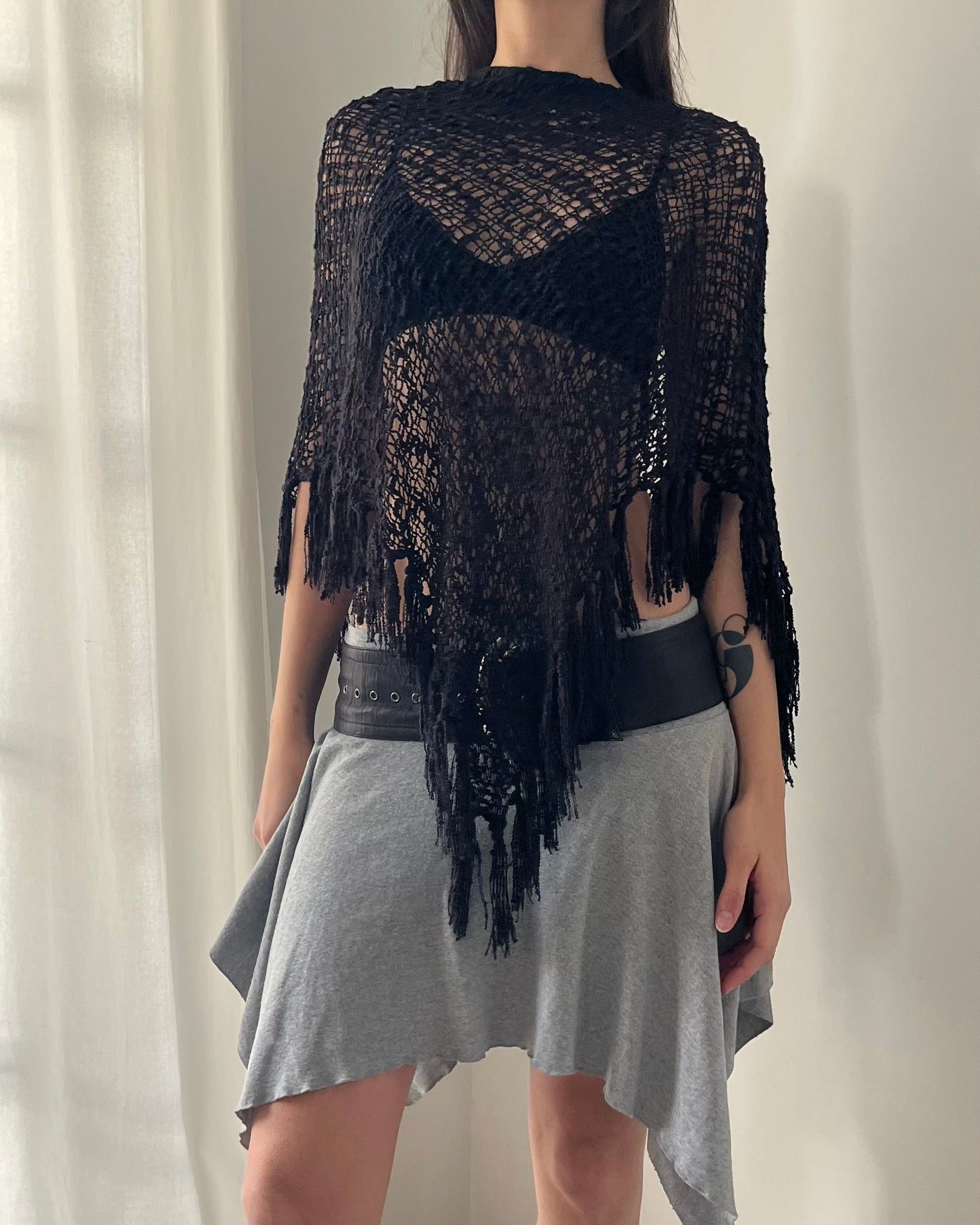 2000s black fishnet poncho top
