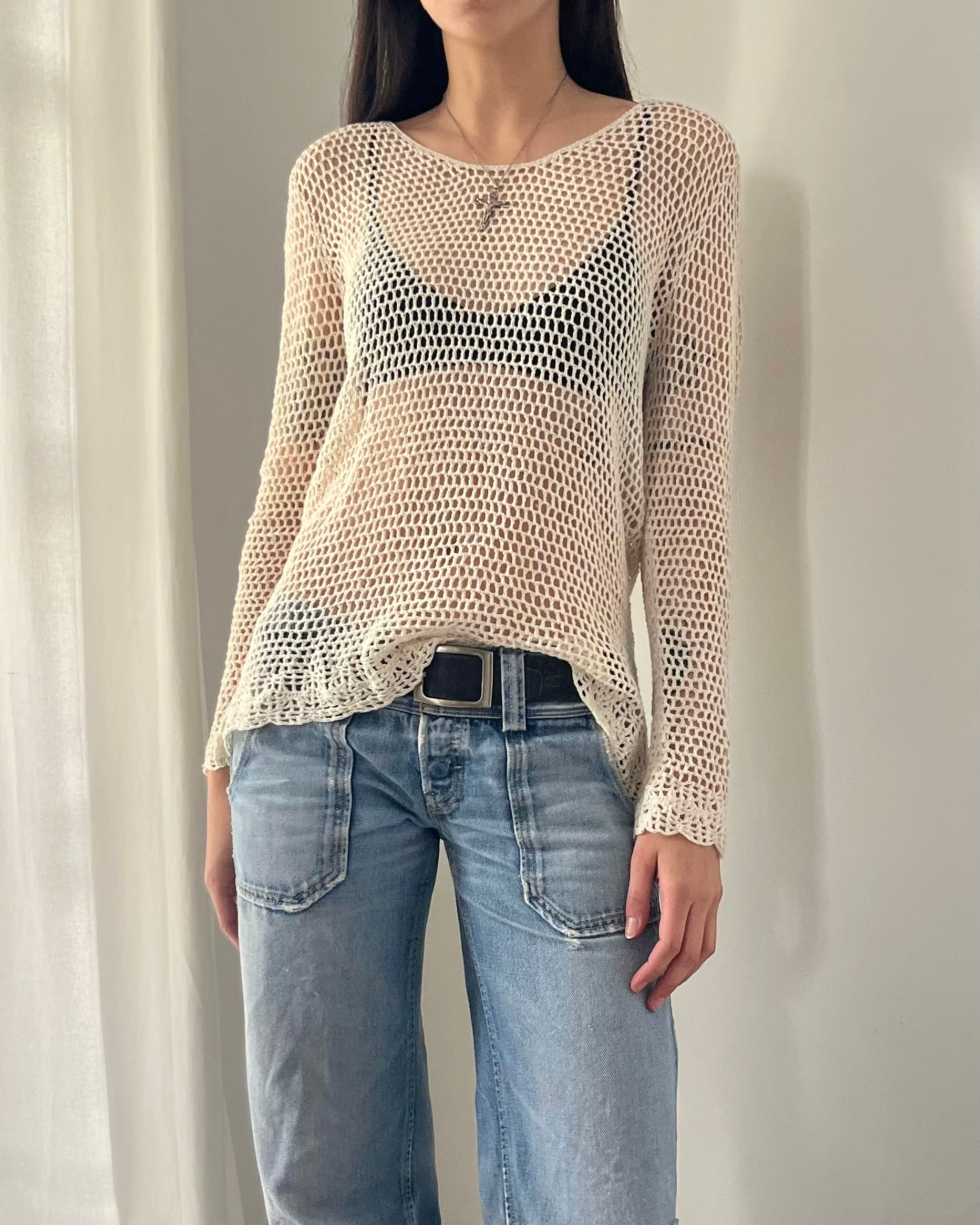 2000s cream fishnet crochet top
