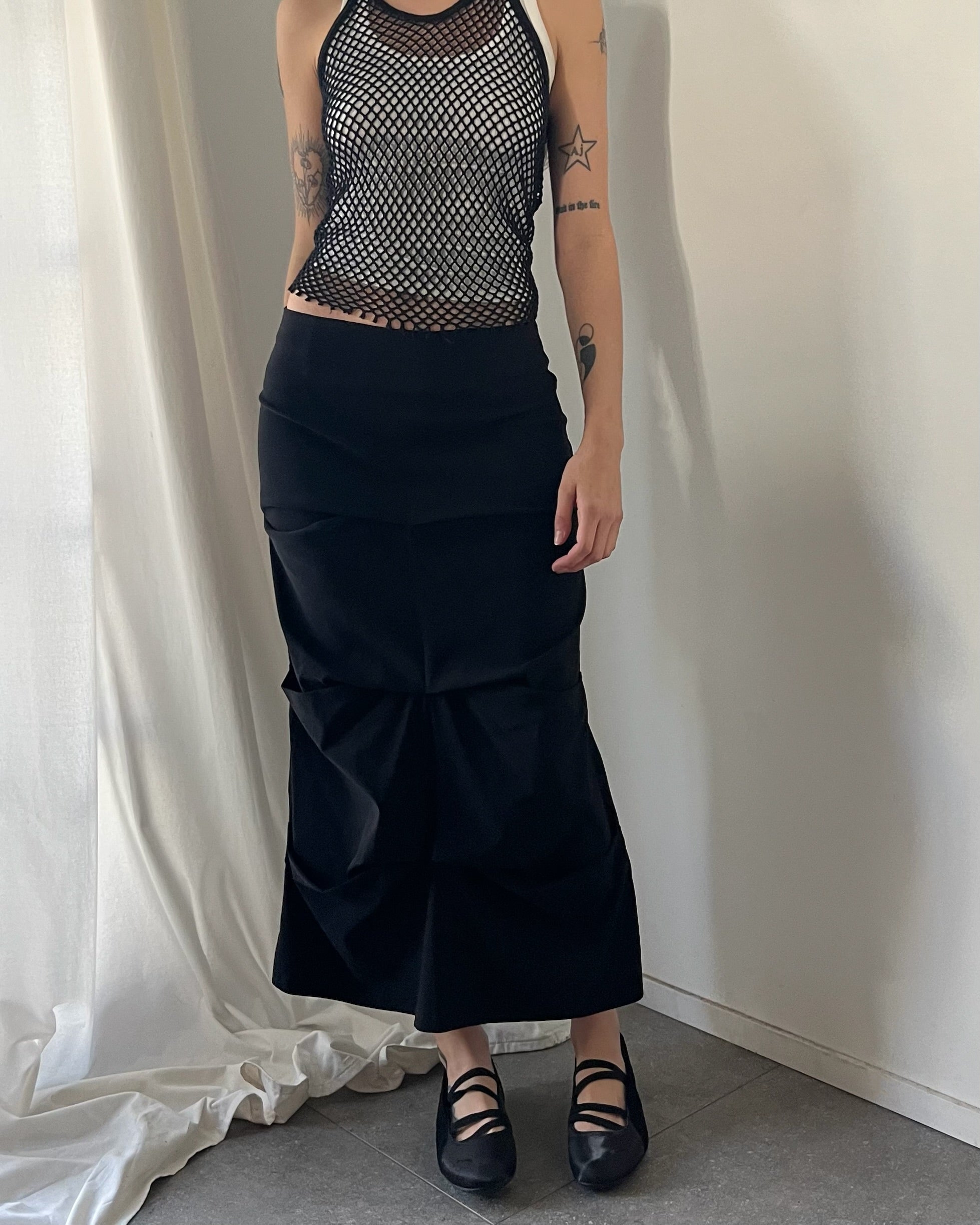 2000s black ruched tech midi skirt