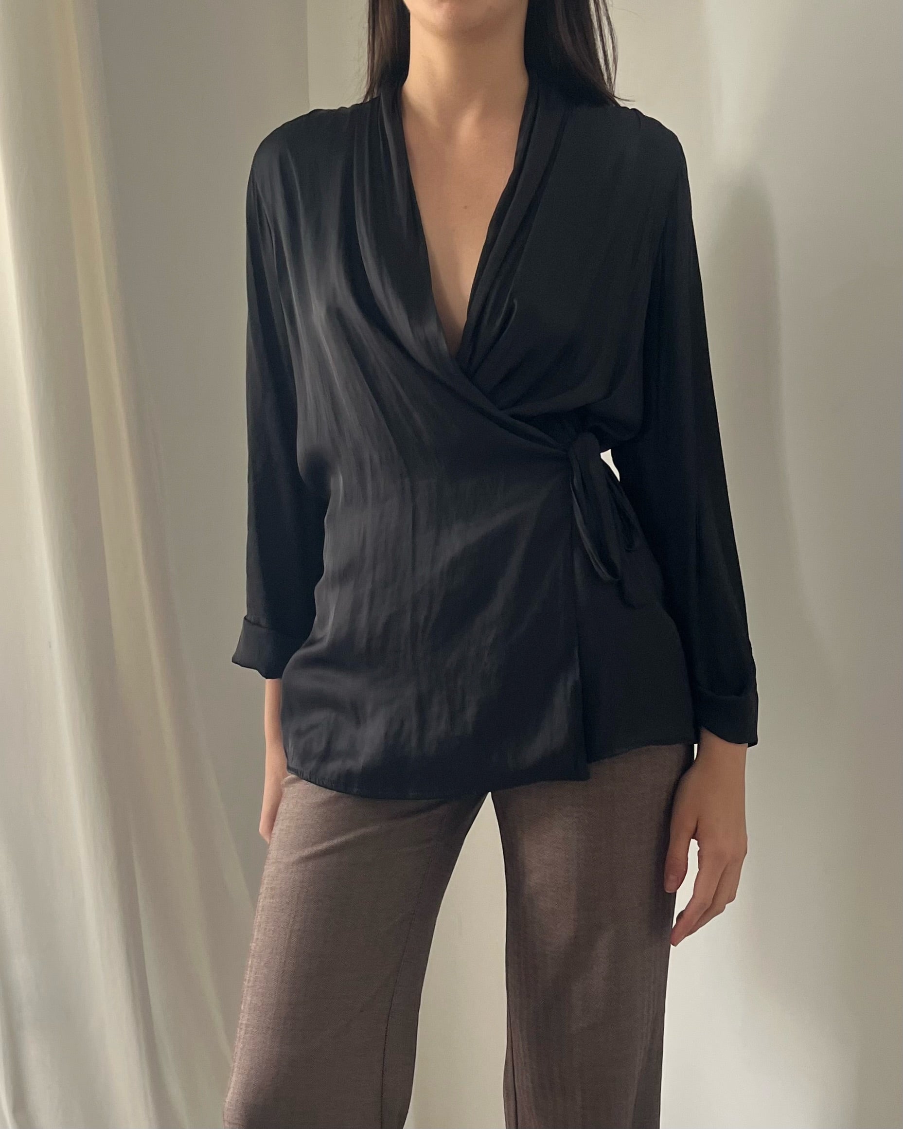 2000s black wrap plunge blouse top