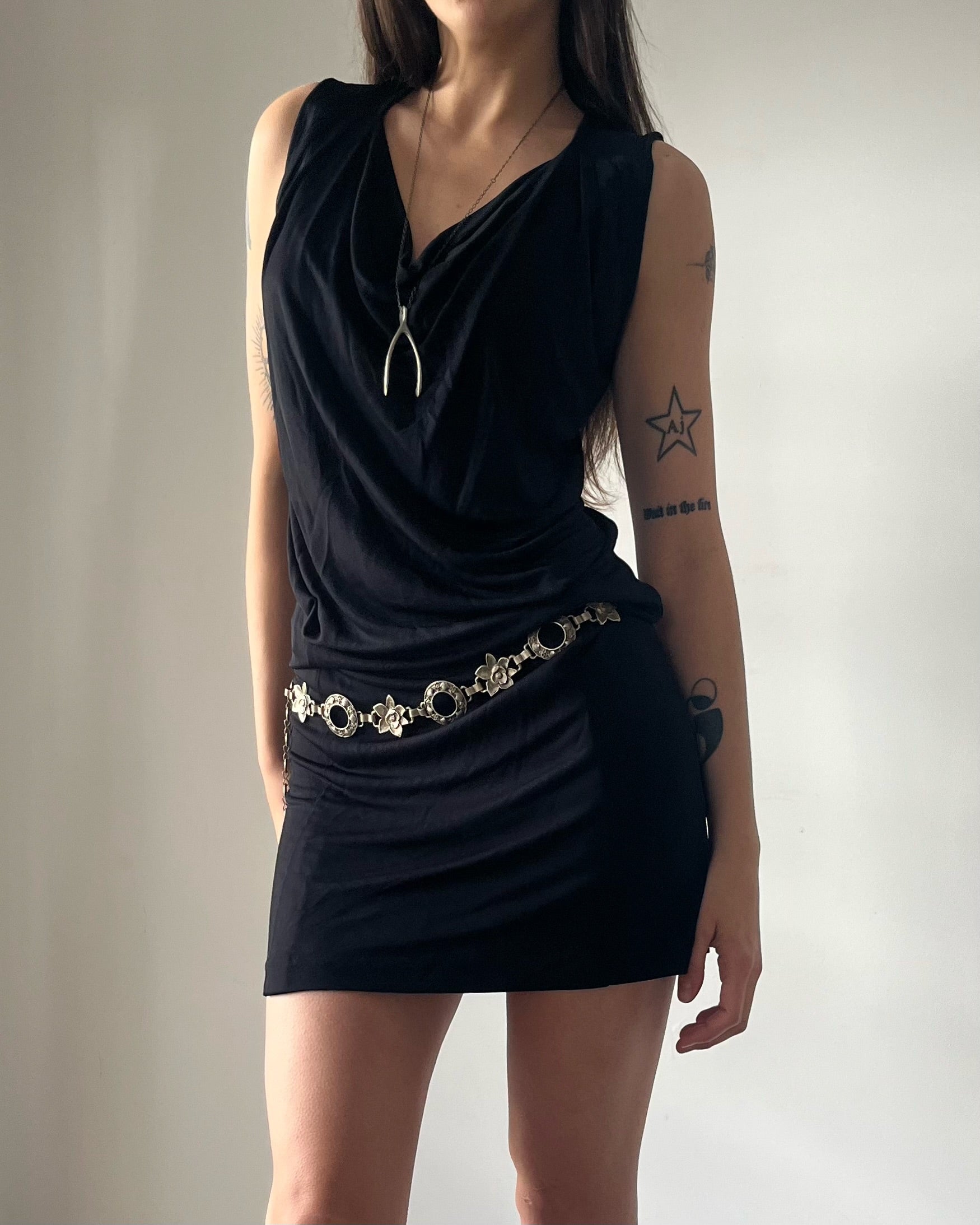 2000s black cowl neck dress