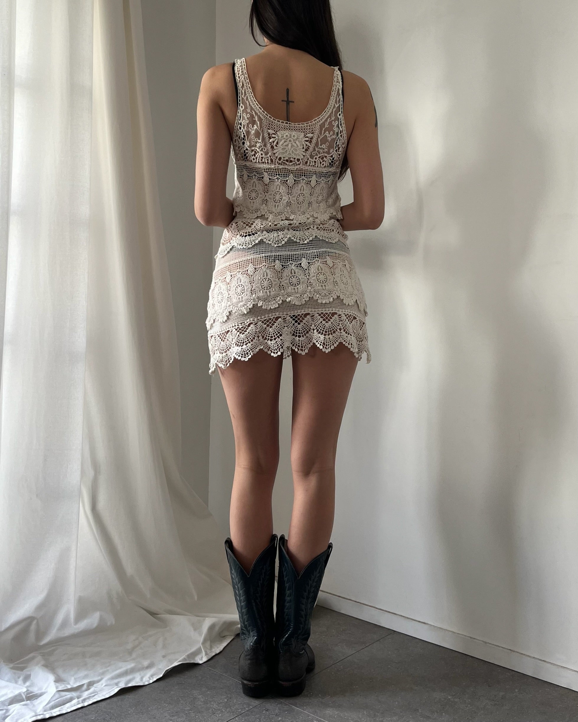 2000s white lace slip mini dress