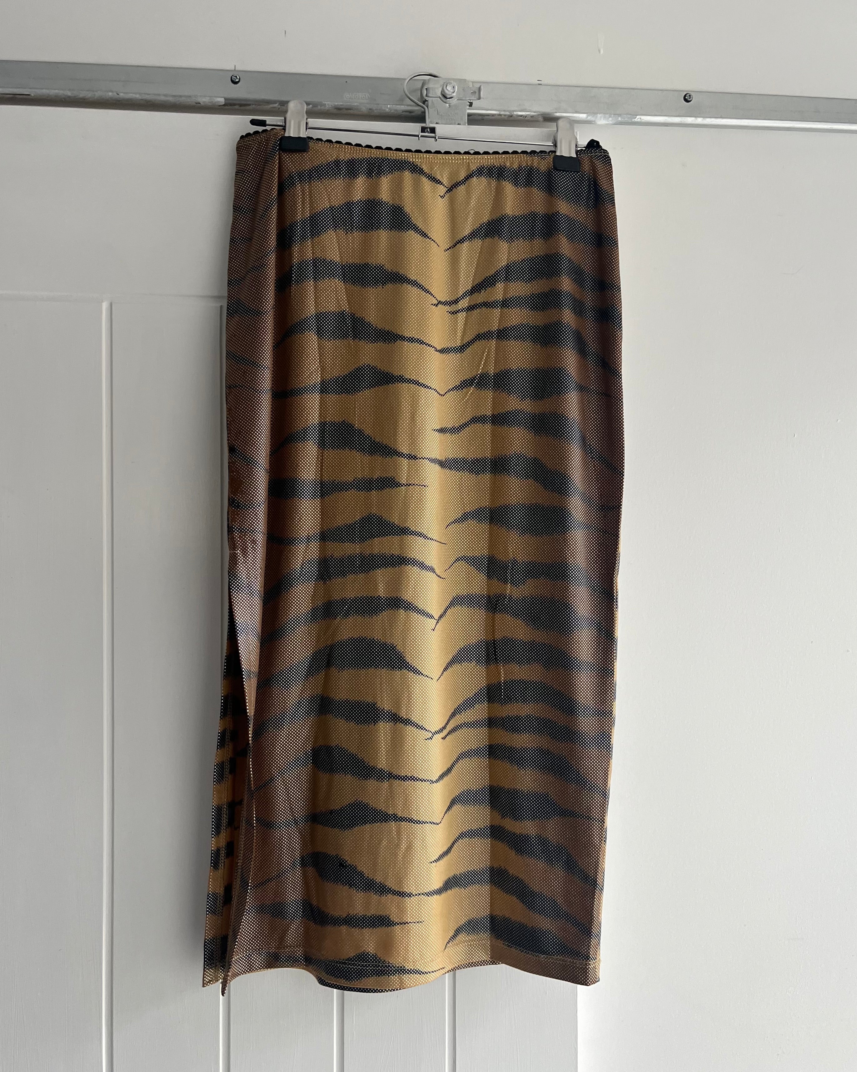 90s tiger print shiny midi skirt