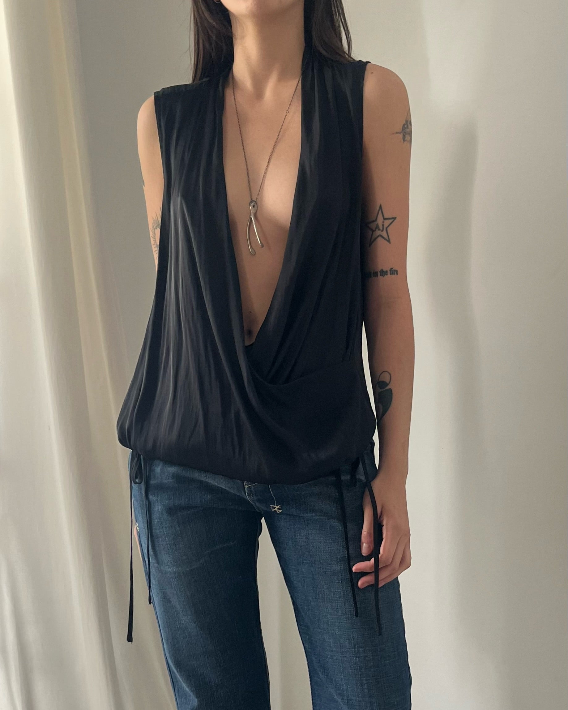 2000s black plunge wrap tank top