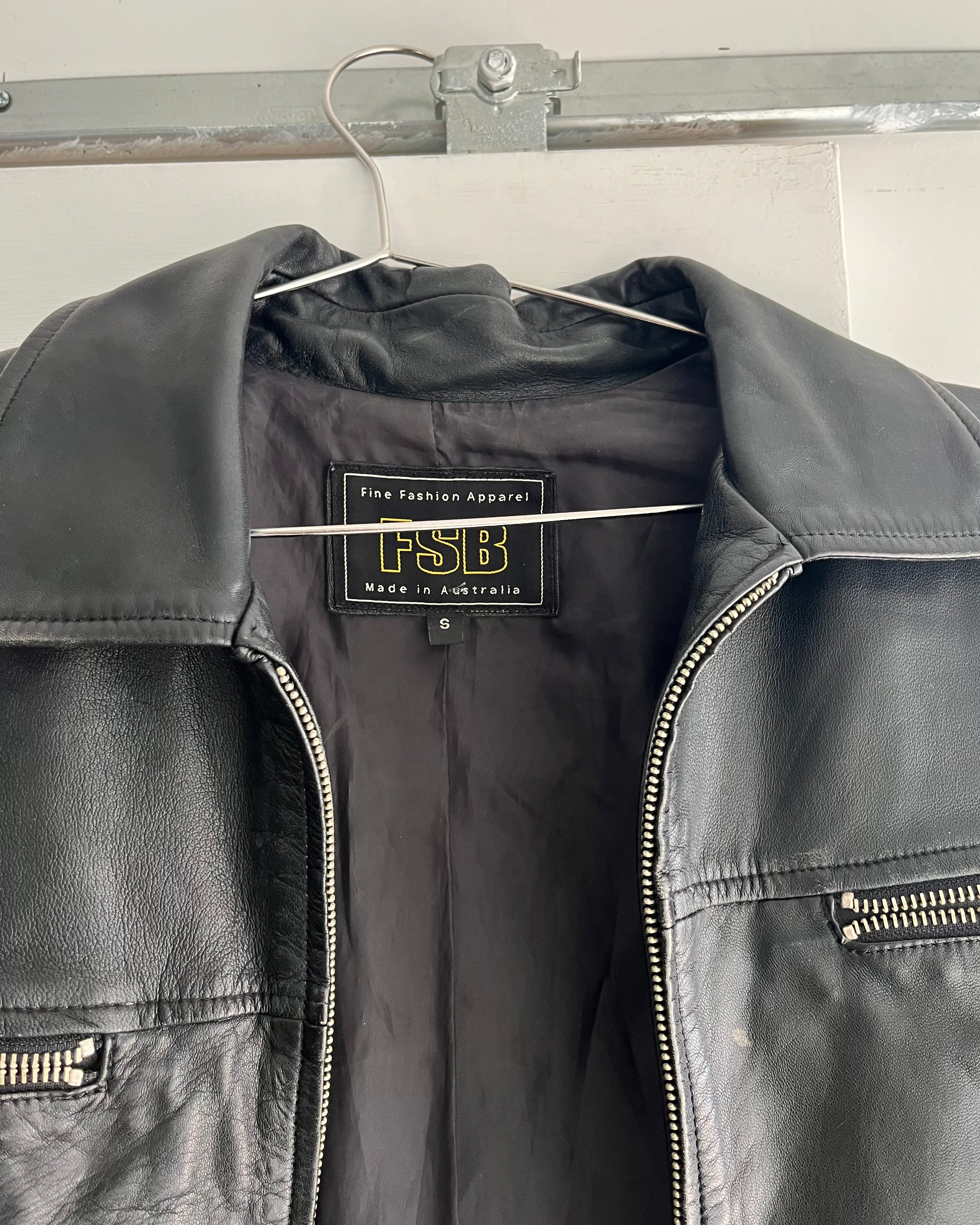 90s black leather collared jacket