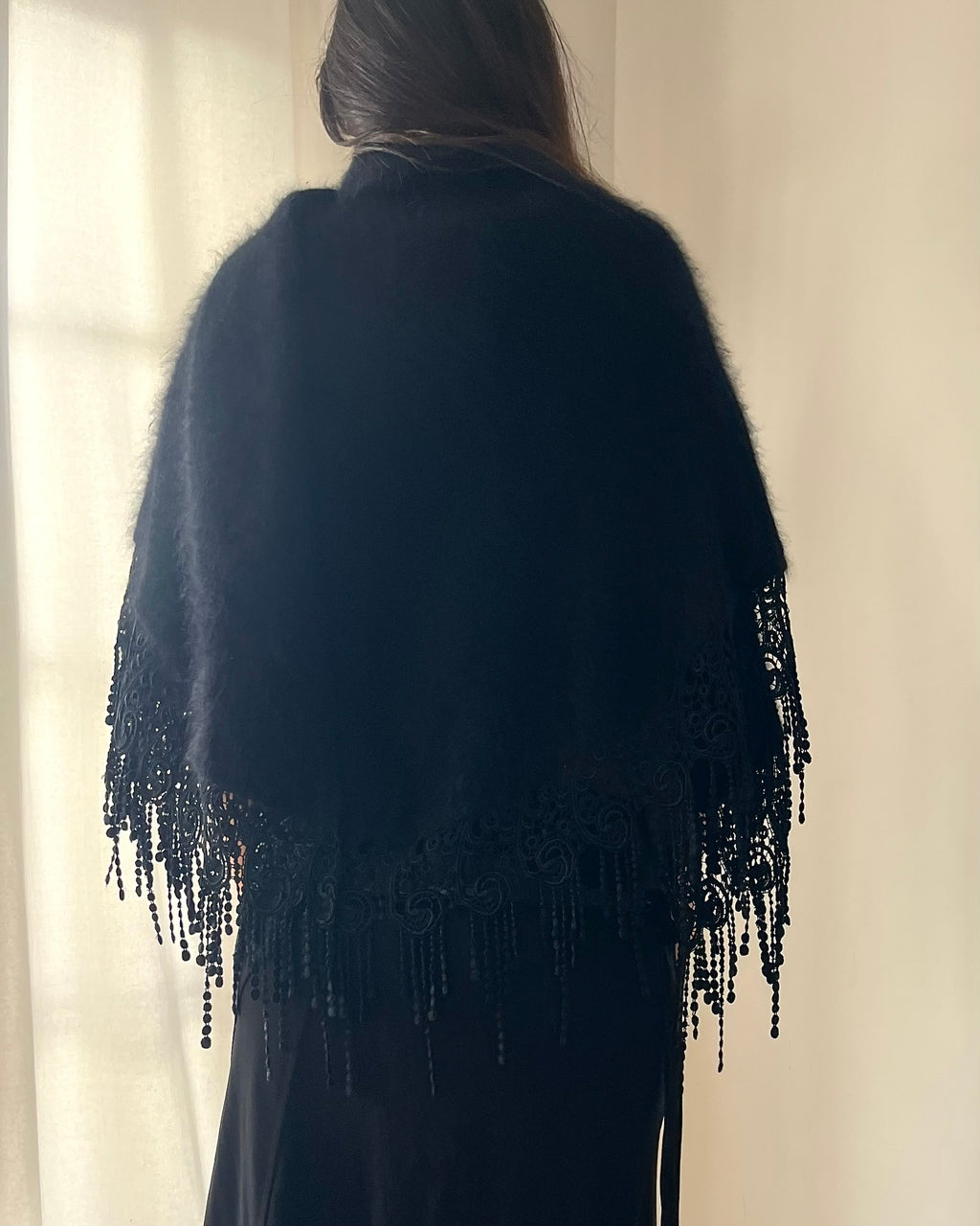 90s black angora tassel shawl