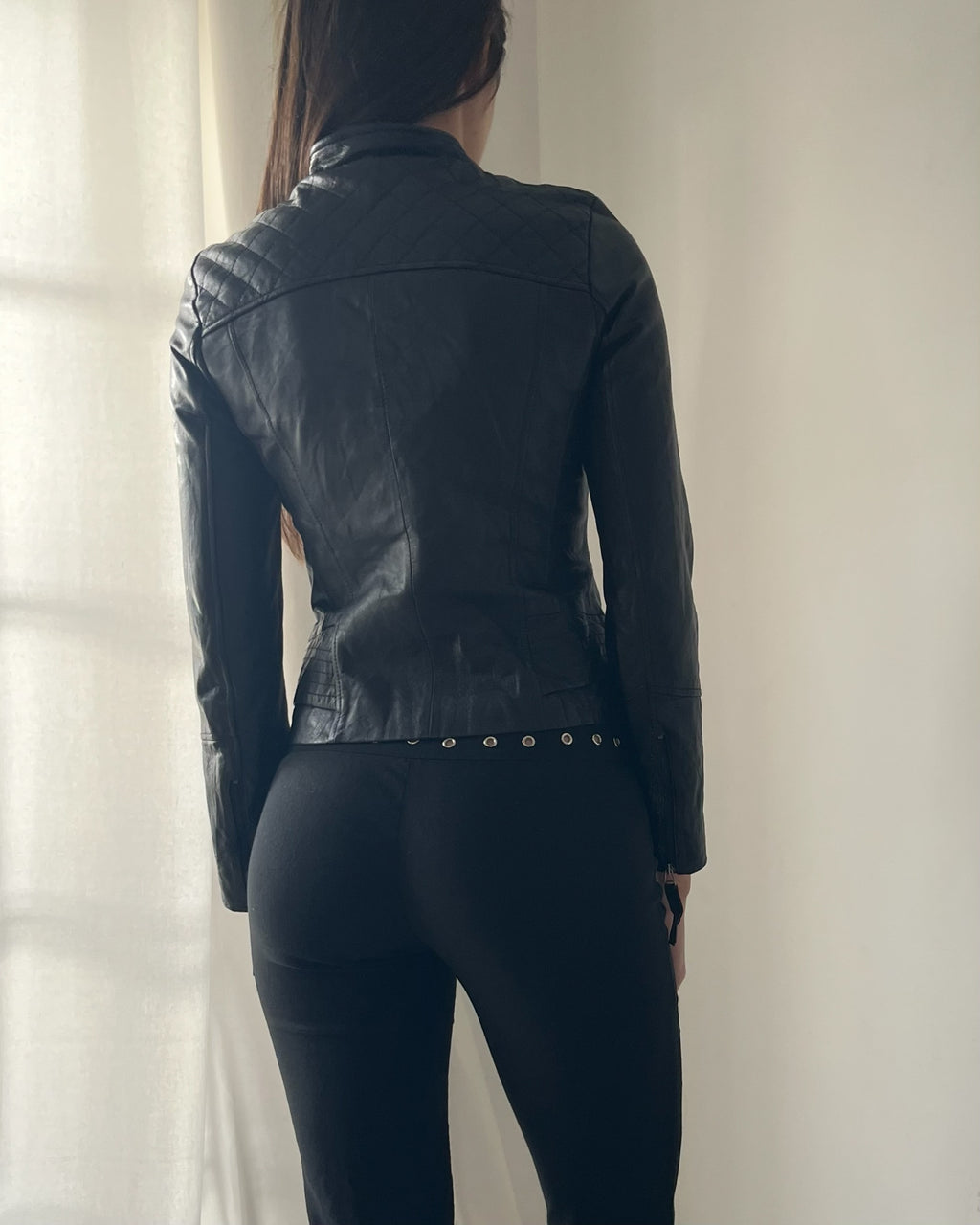 2000s black leather asymmetrical jacket