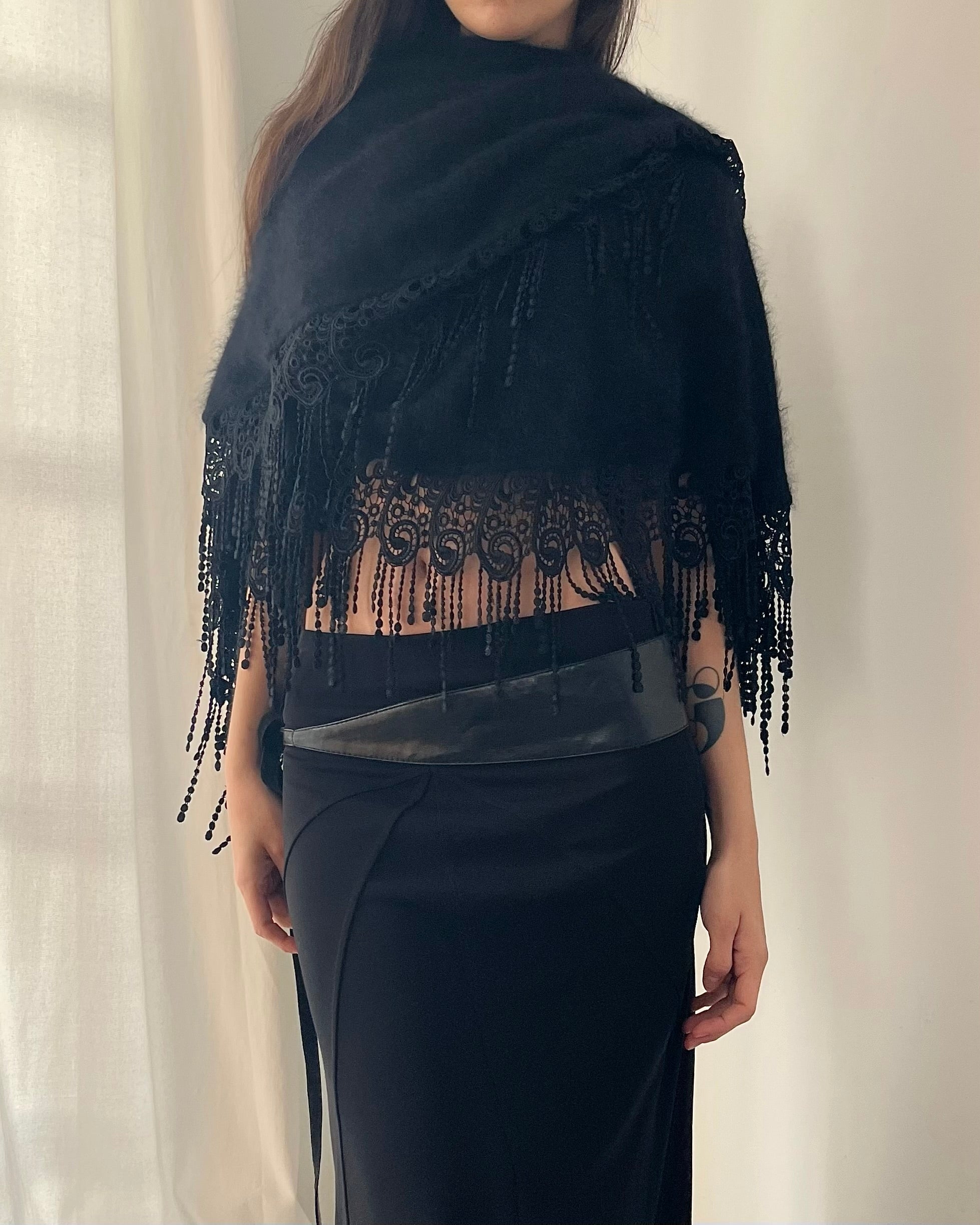 90s black angora tassel shawl