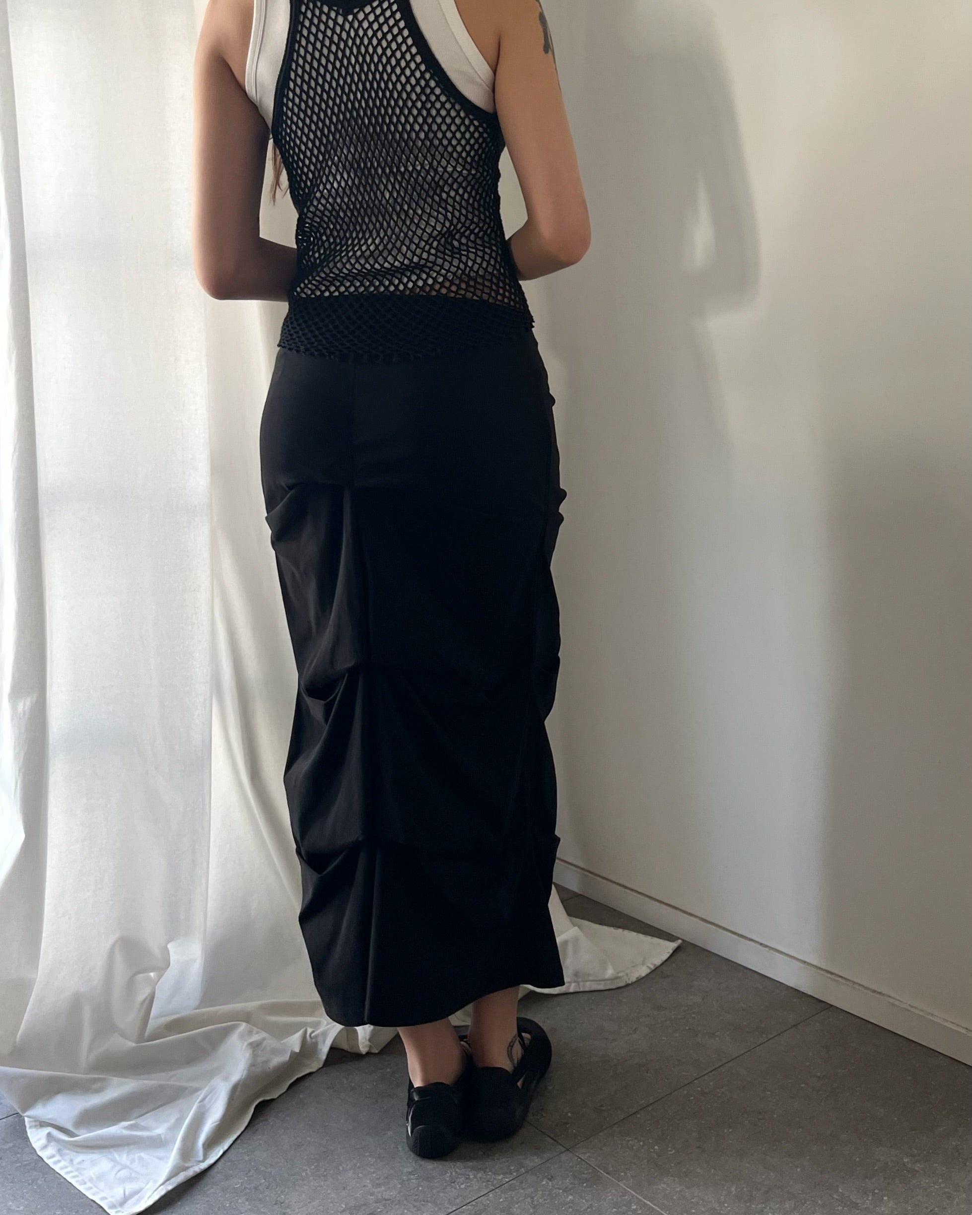 2000s black ruched tech midi skirt