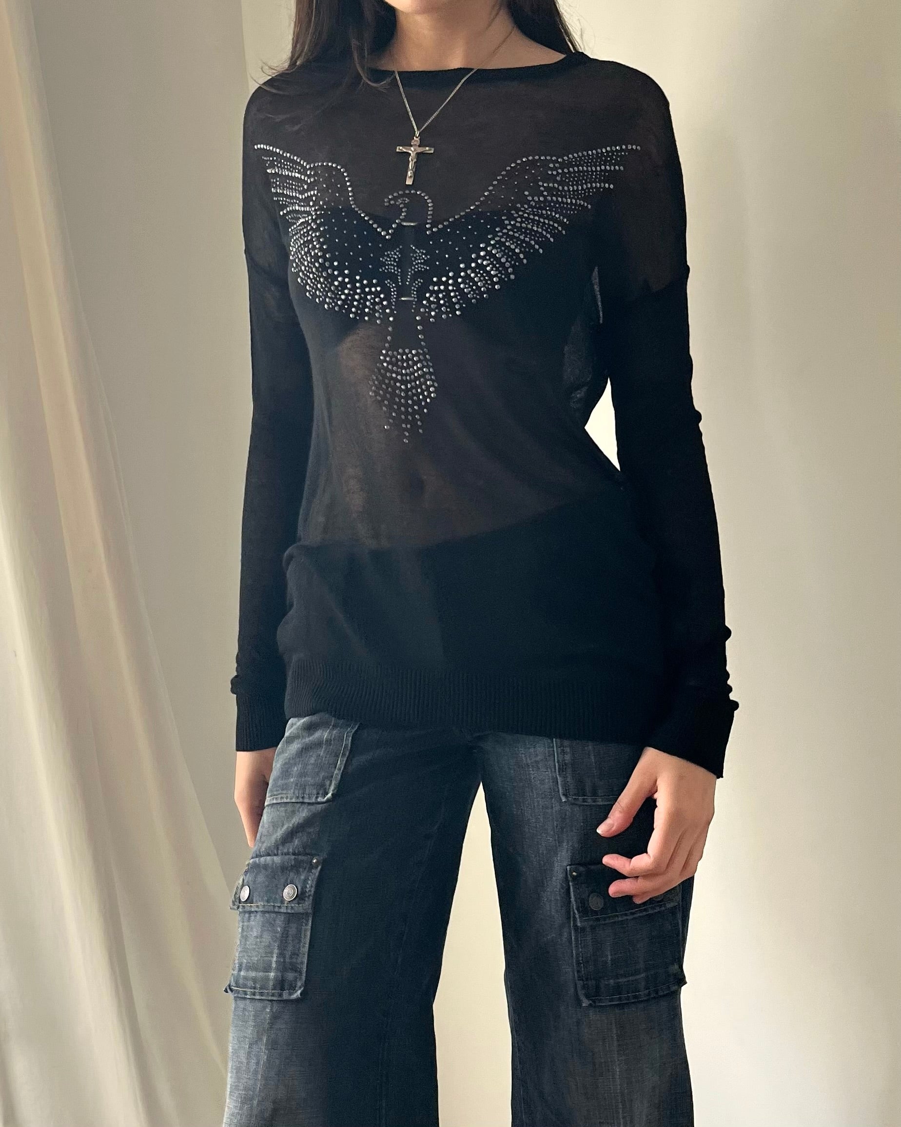 2000s rhinestone sheer knit top