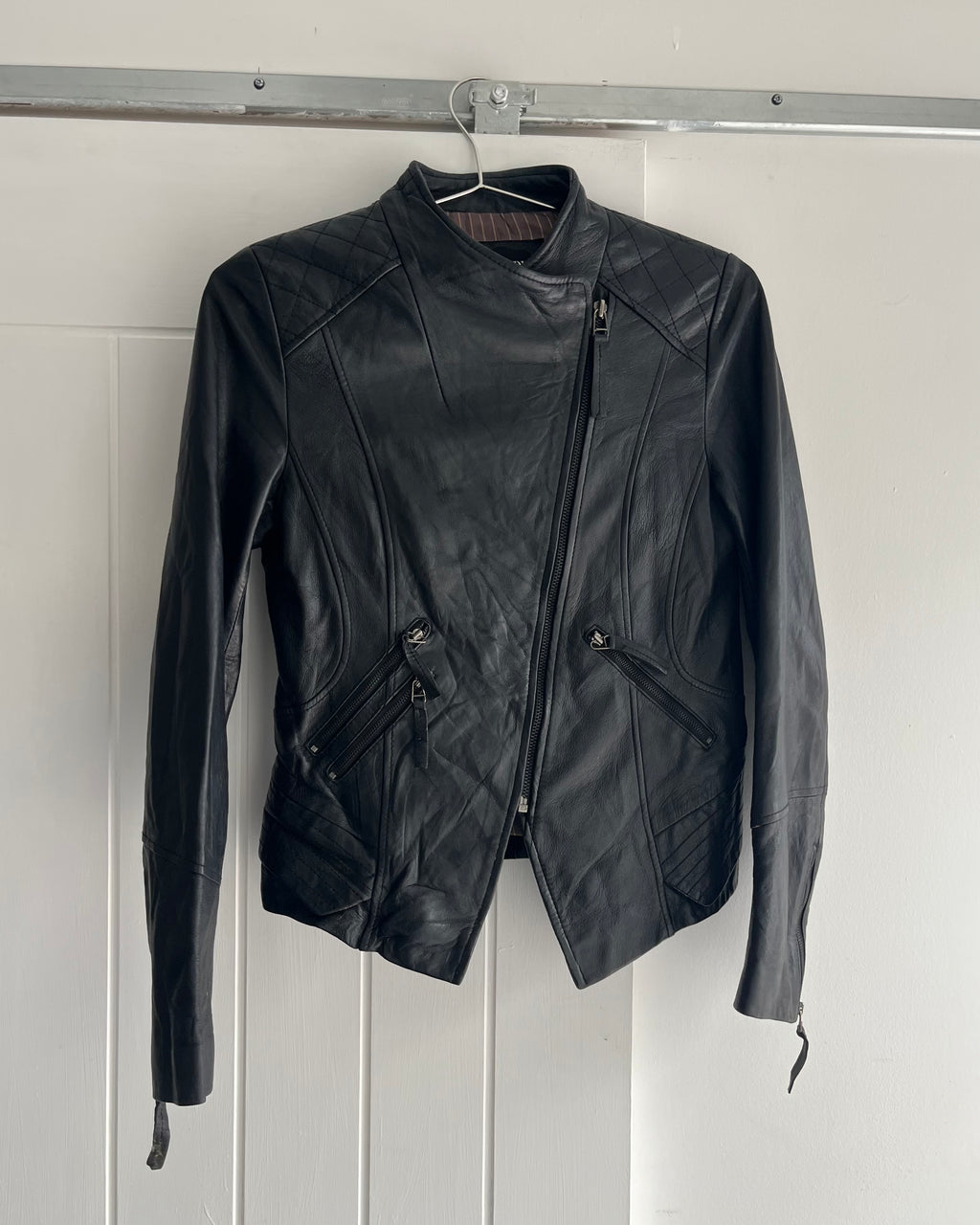 2000s black leather asymmetrical jacket