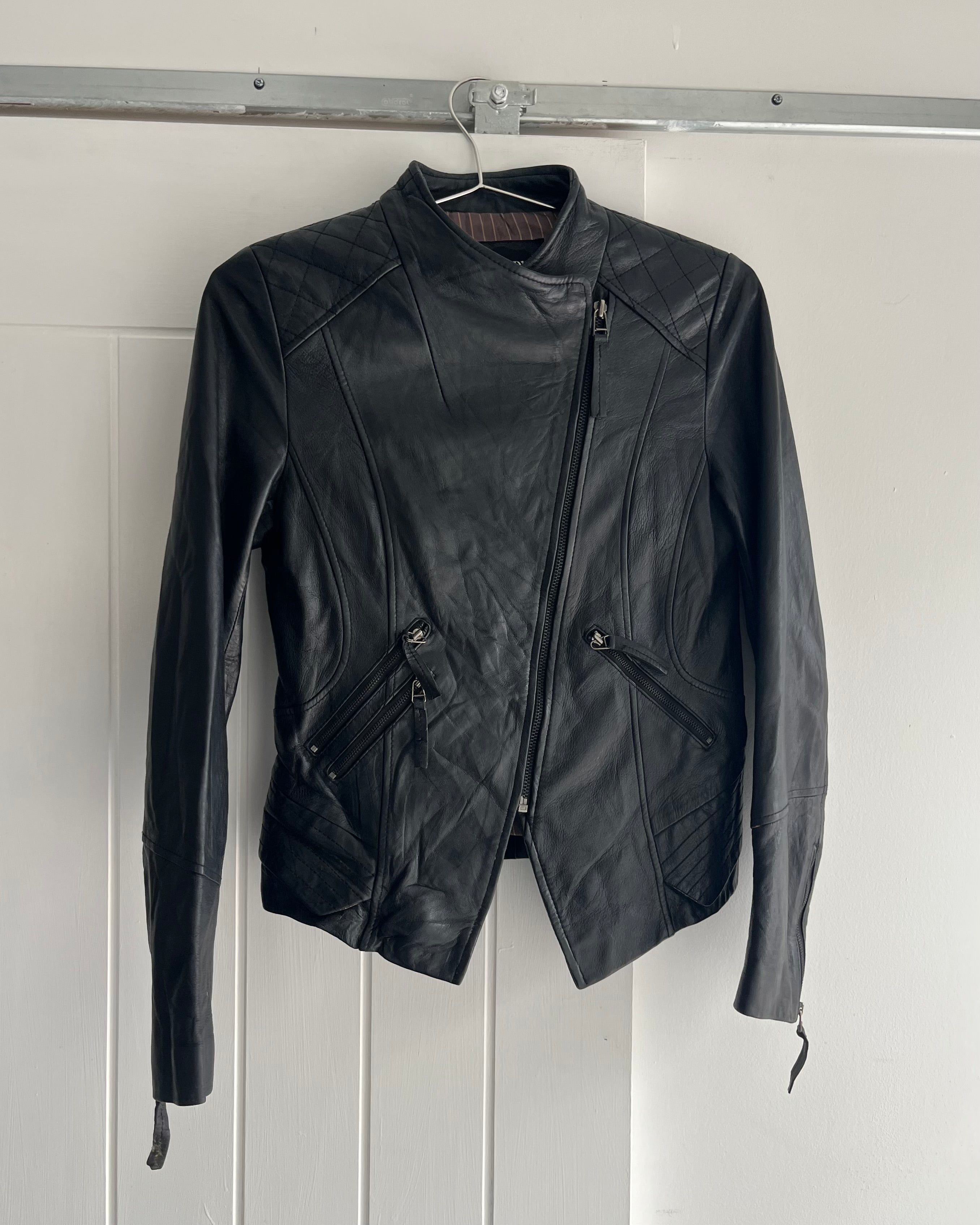 2000s black leather asymmetrical jacket