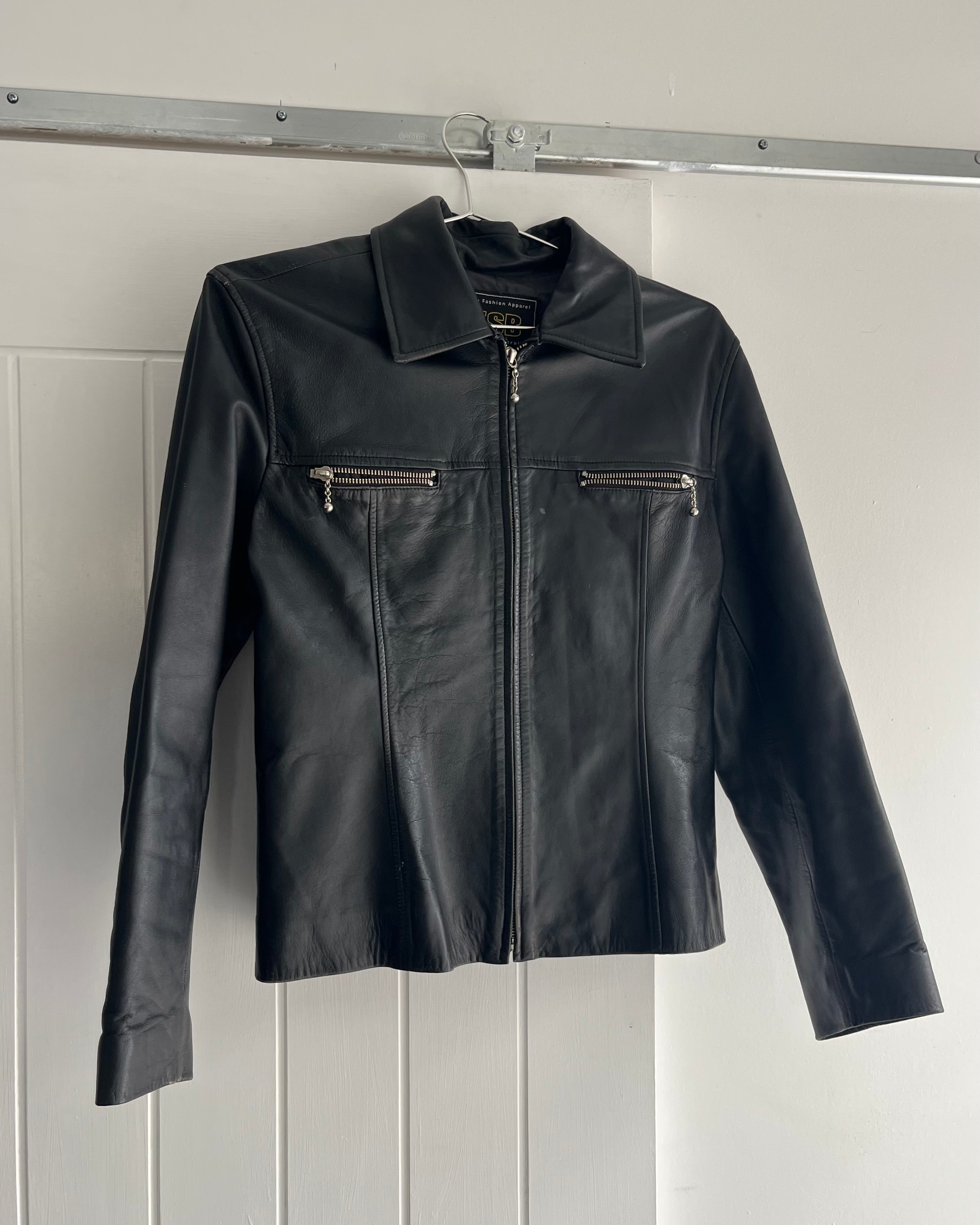 90s black leather collared jacket