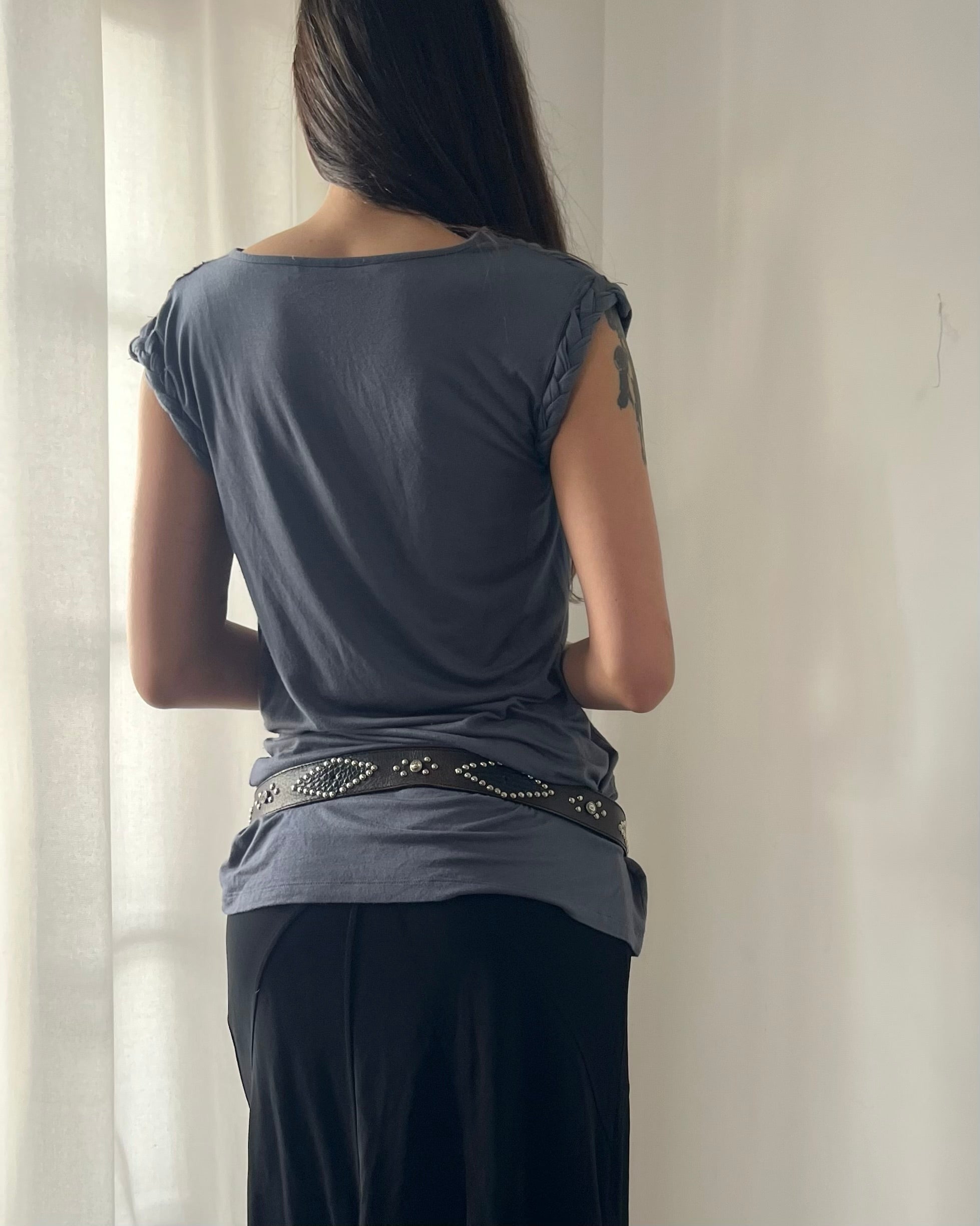 2000s blue grey off shoulder  top