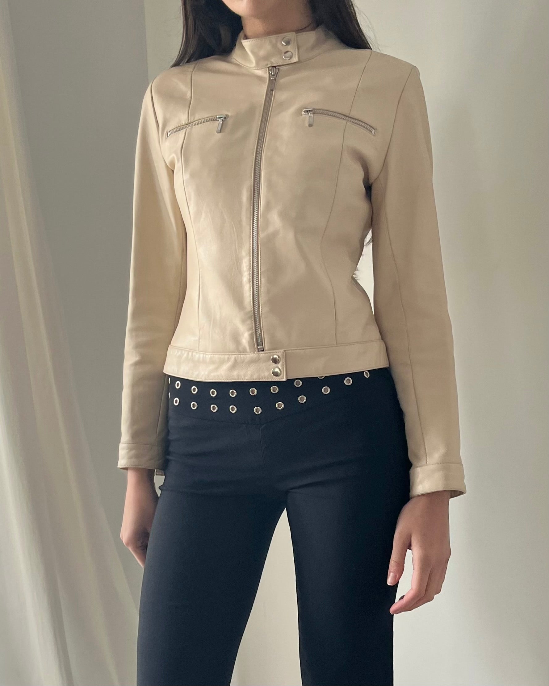 2000s cream leather moto jacket
