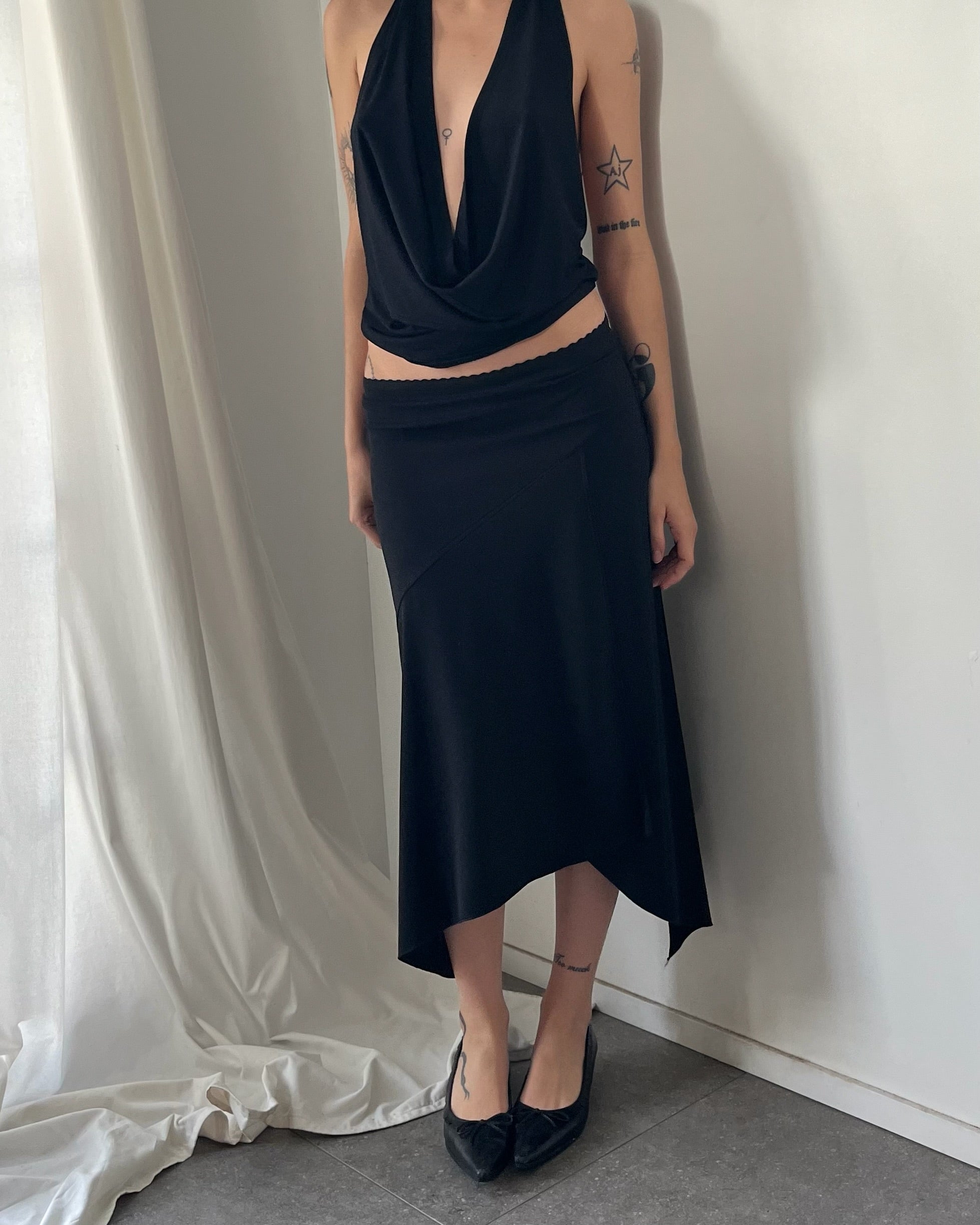 2000s black asymmetrical midi skirt