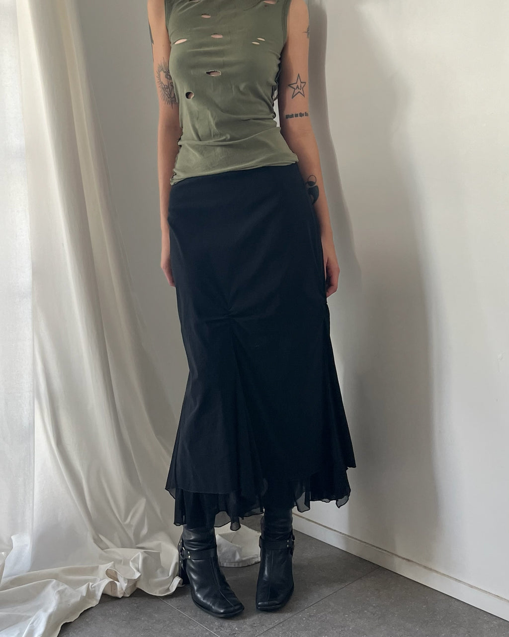 2000s ruched layered midi skirt