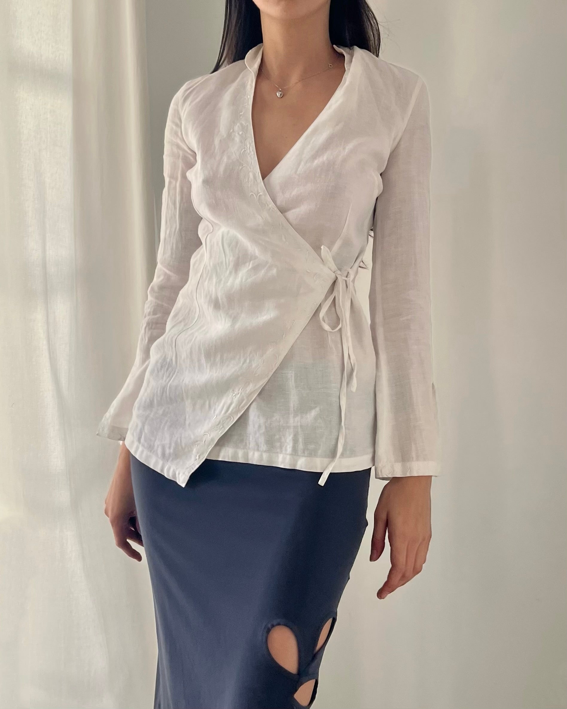 90s white wrap blouse top
