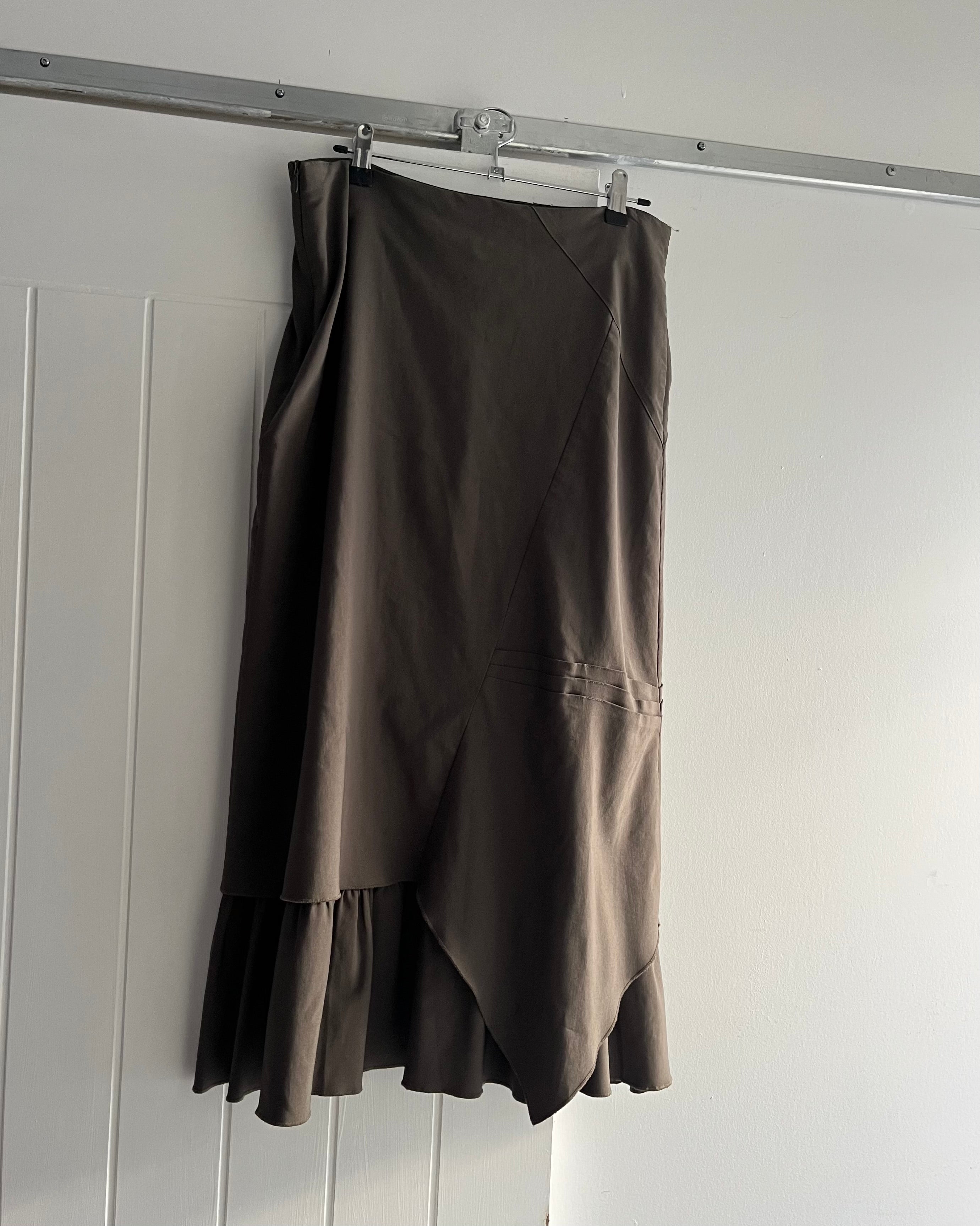 2000s asymmetrical khaki midi skirt