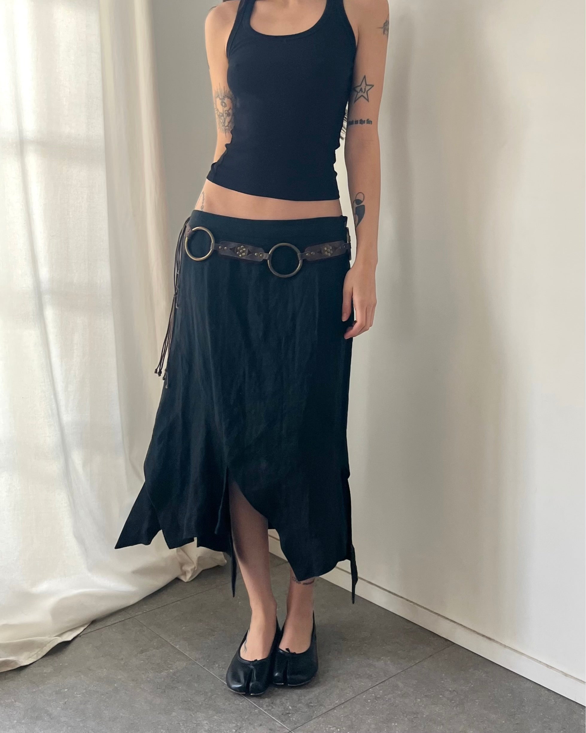 2000s black linen midi skirt