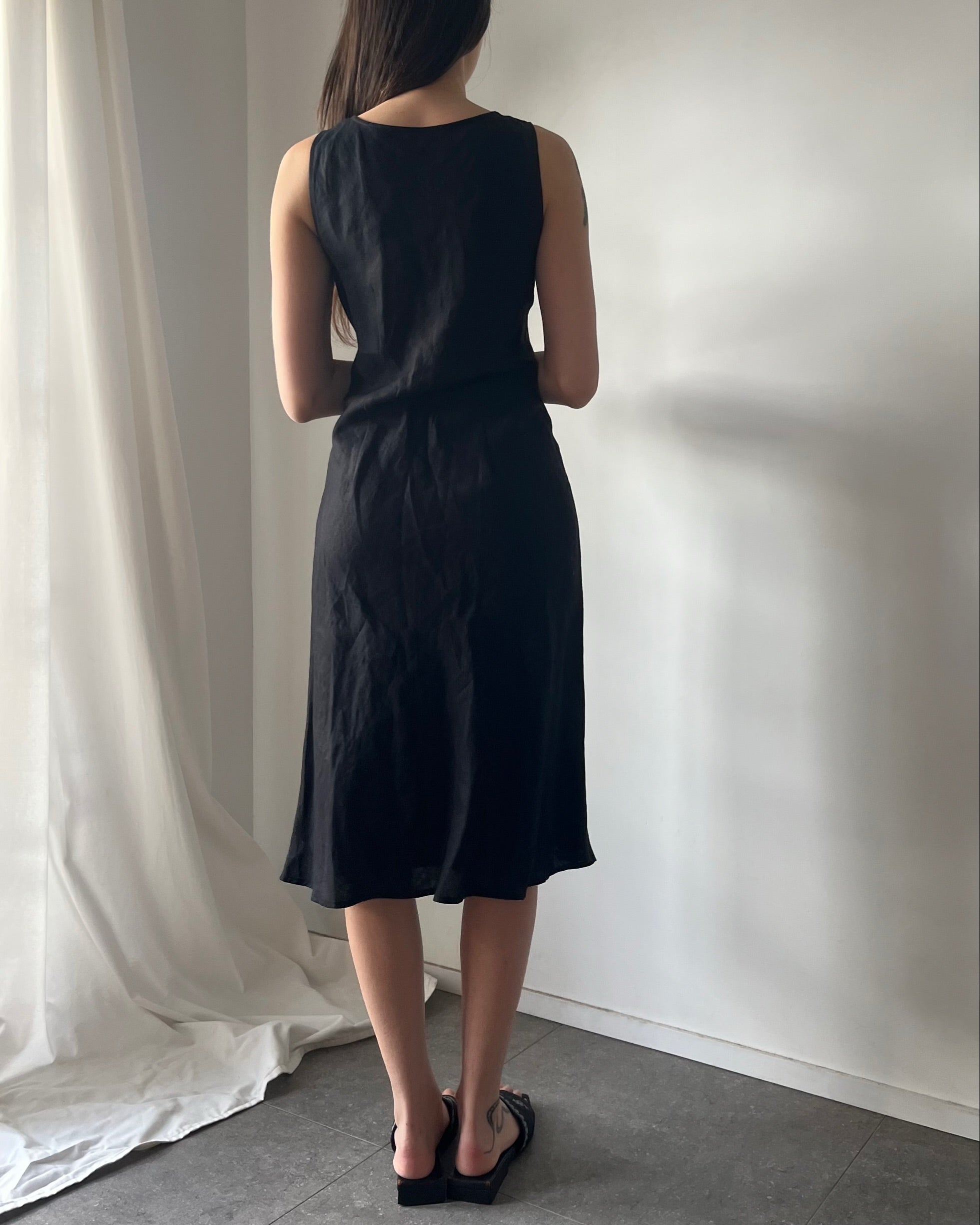 90s black linen midi dress