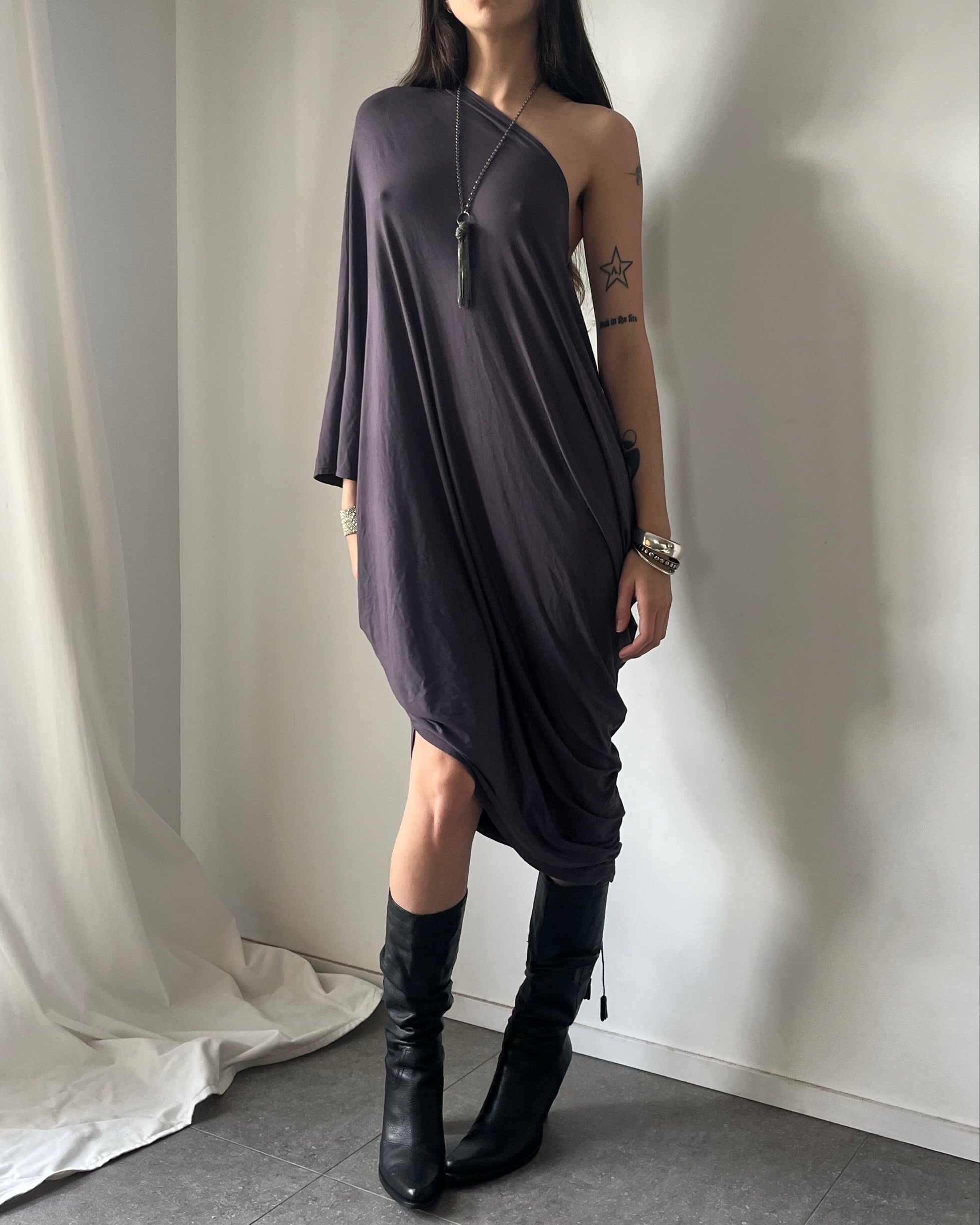 2000s grey one shoulder midi dress