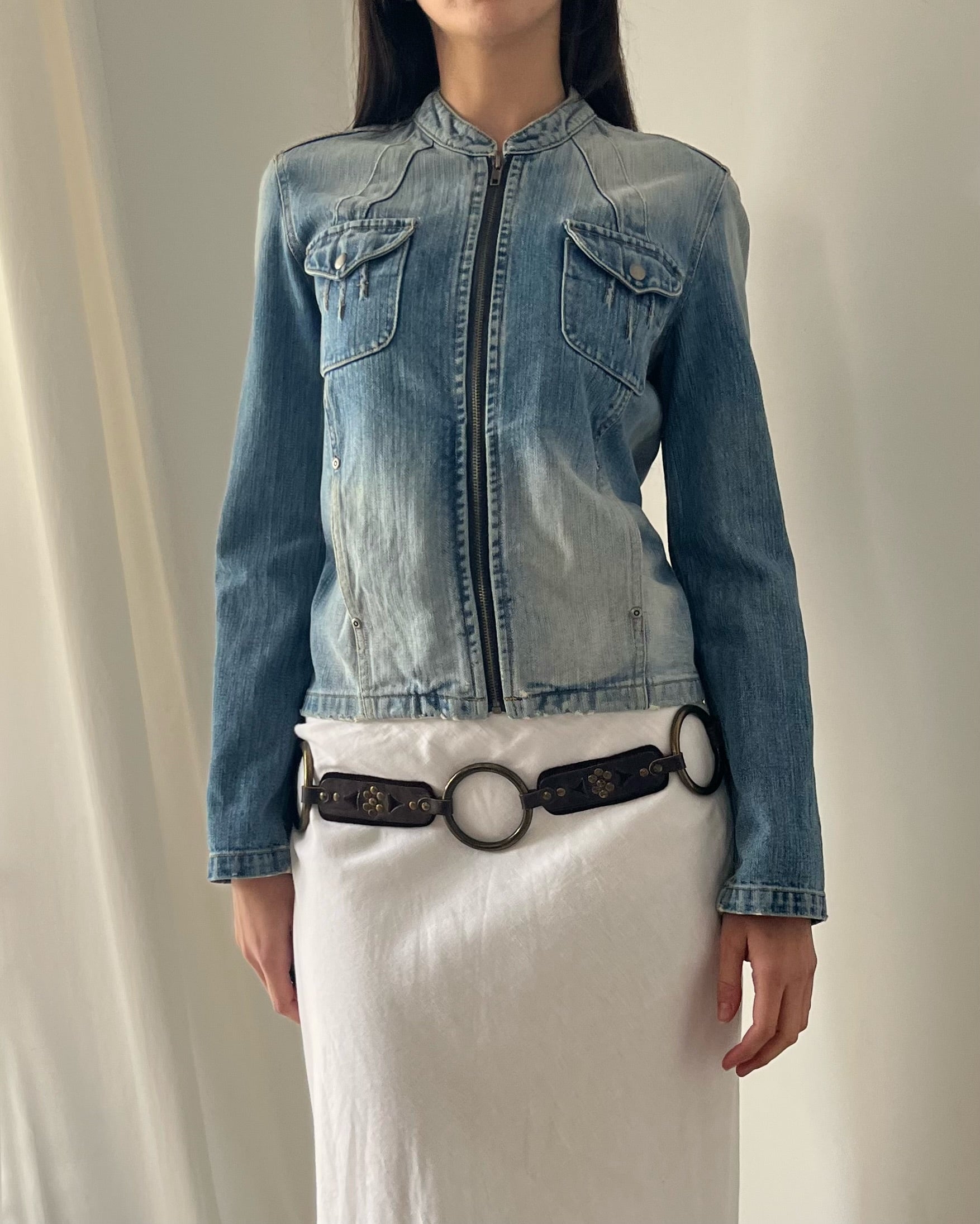 2000s denim moto zip up jacket