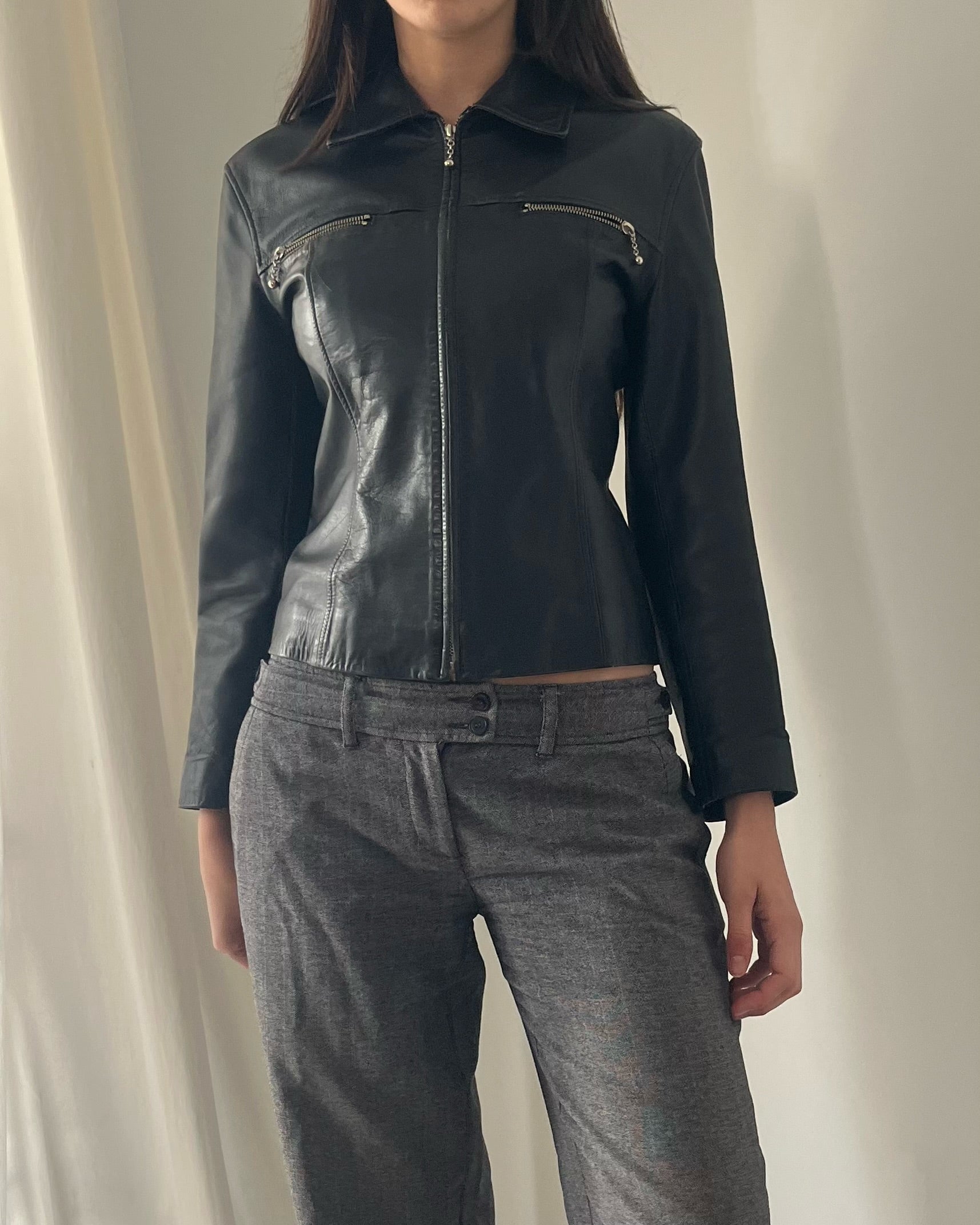 90s black leather collared jacket