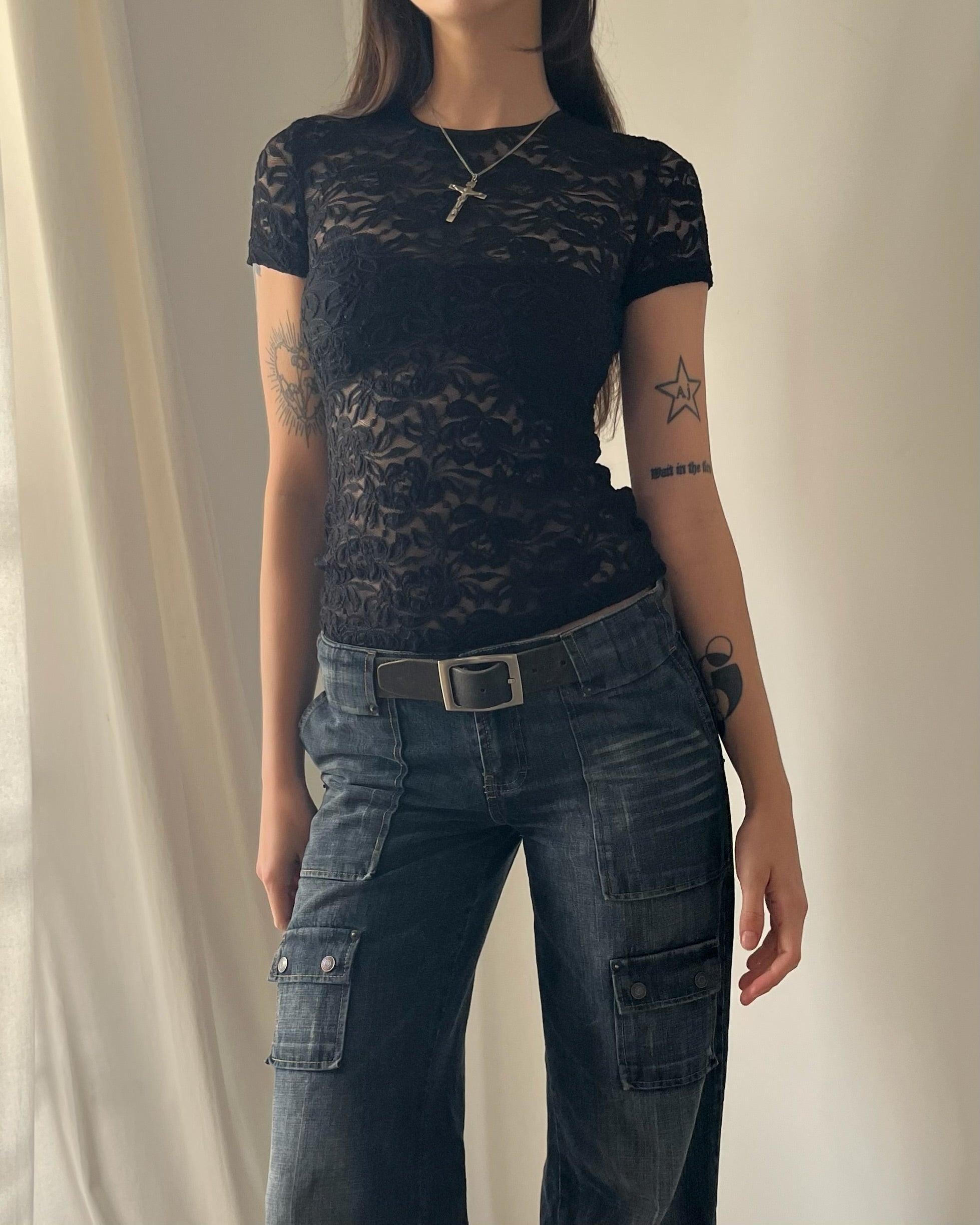 90s black lace mesh top