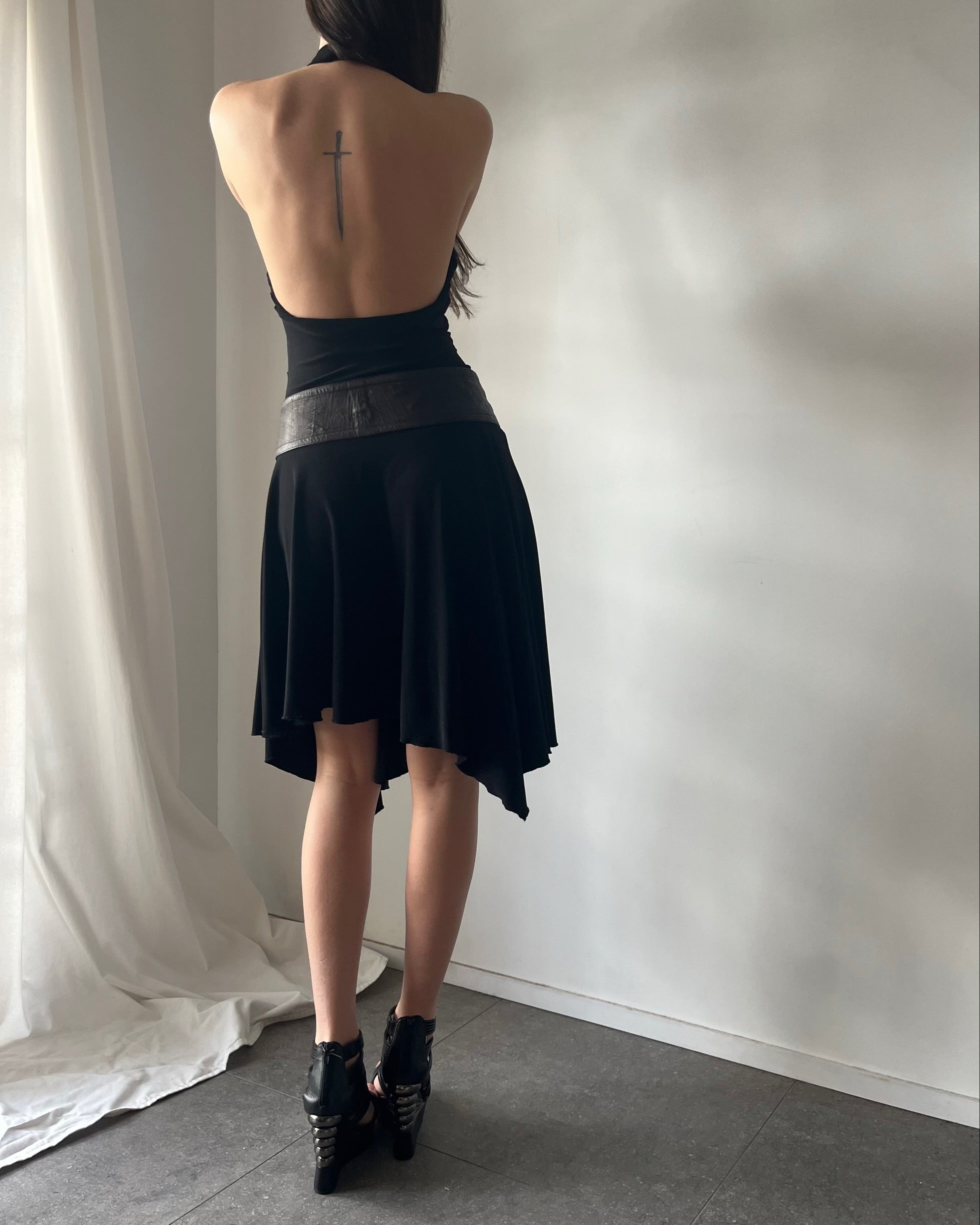 2000s black halter midi dress