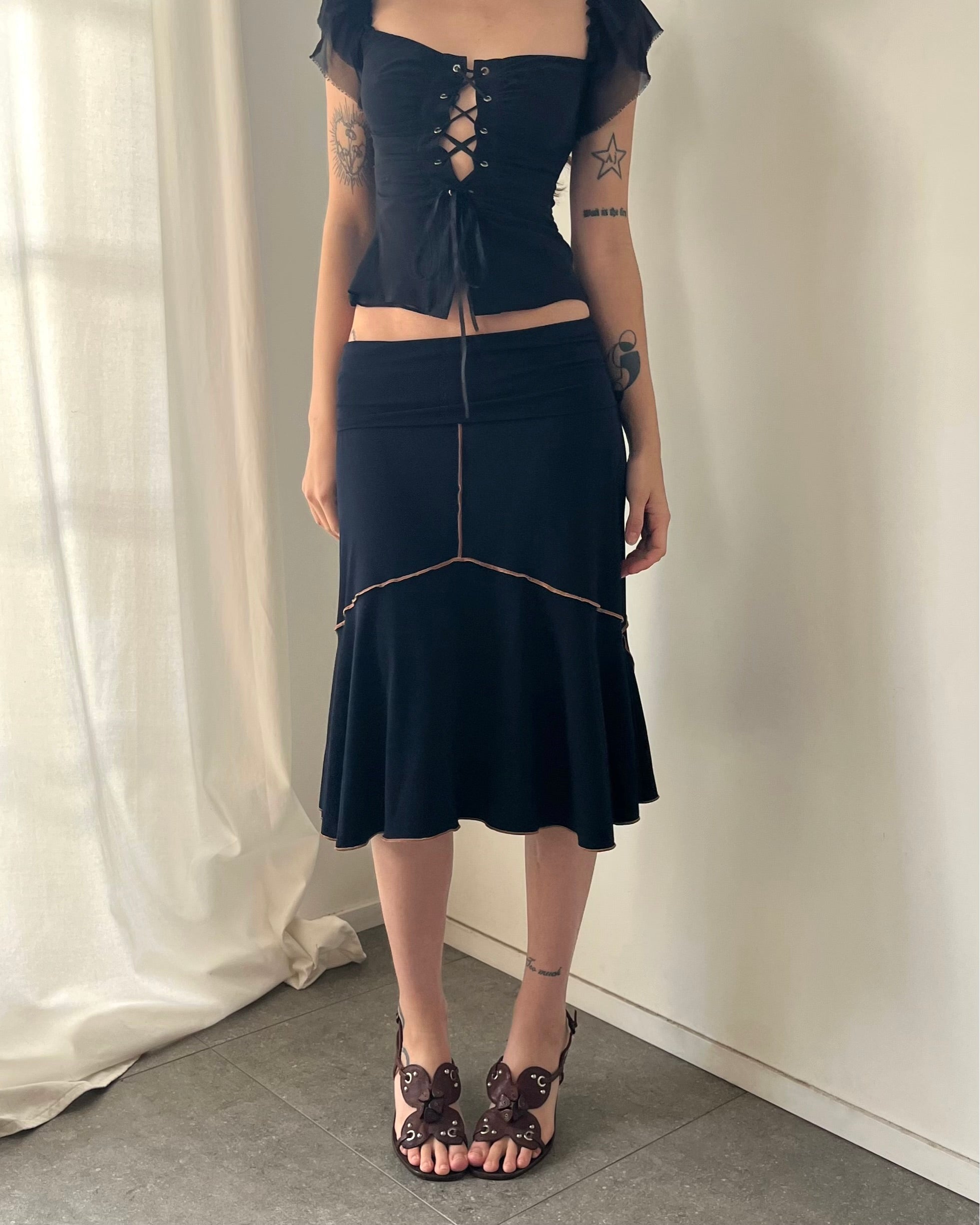 2000s black fold over midi skirt