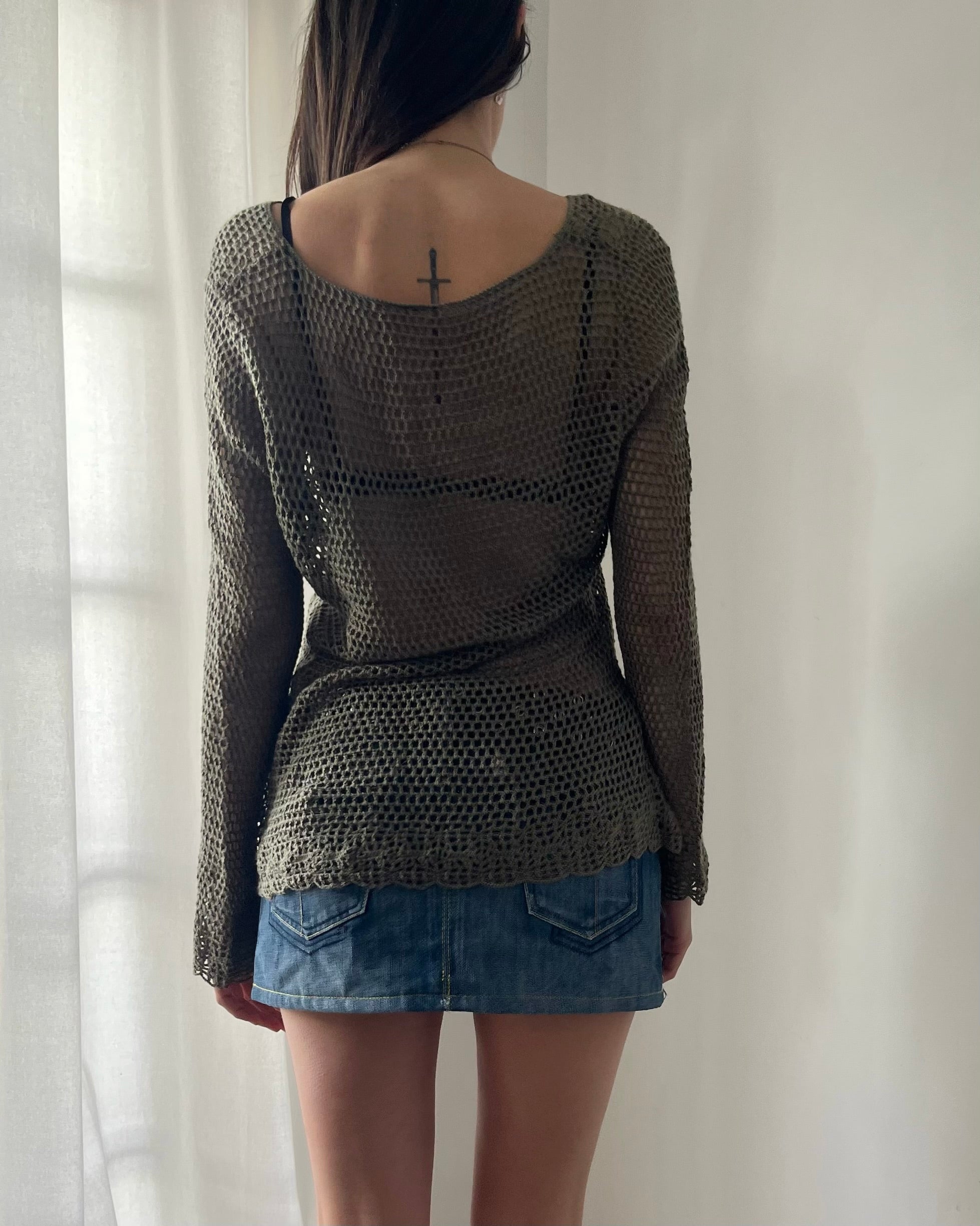 2000s khaki fishnet crochet top