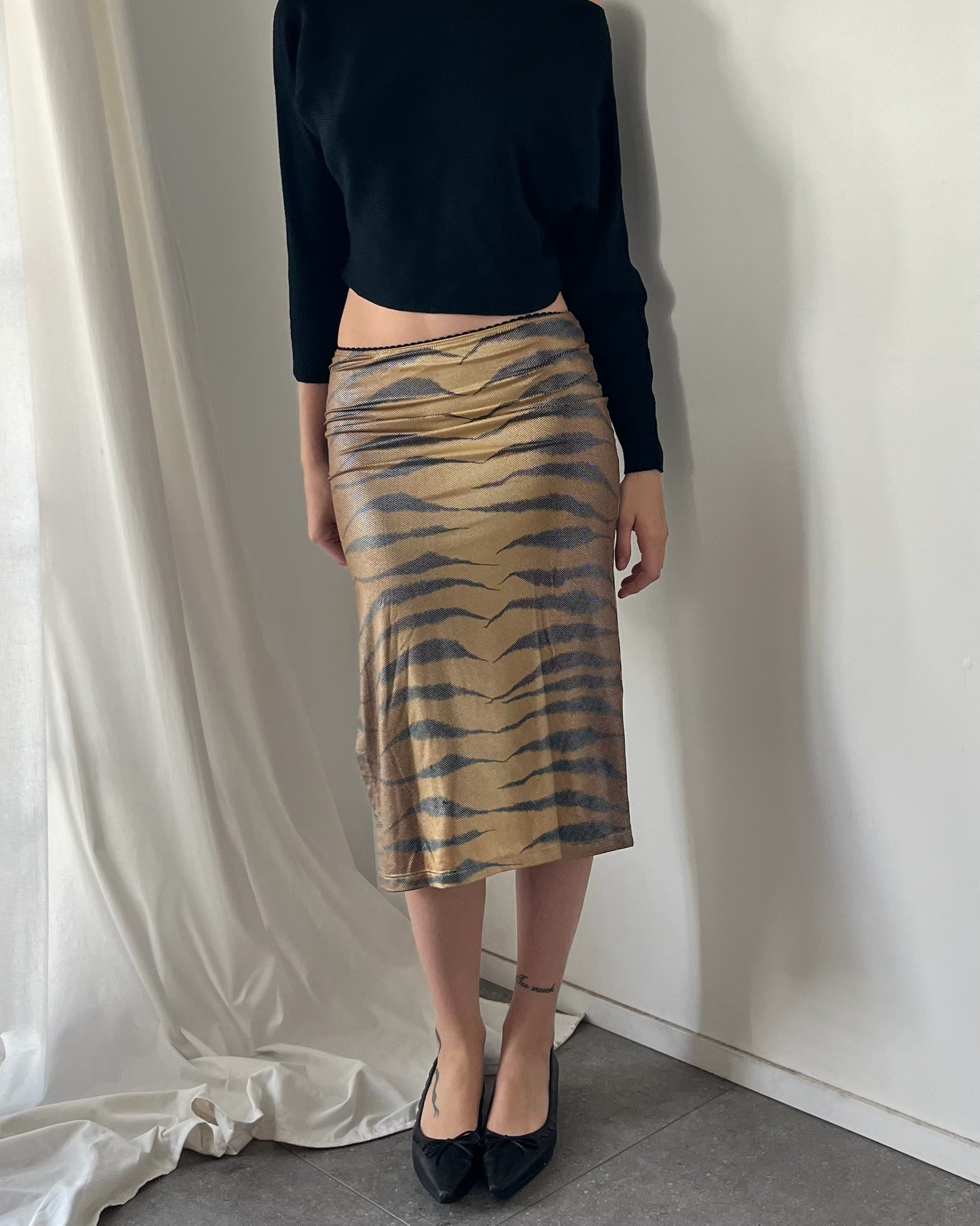 90s tiger print shiny midi skirt