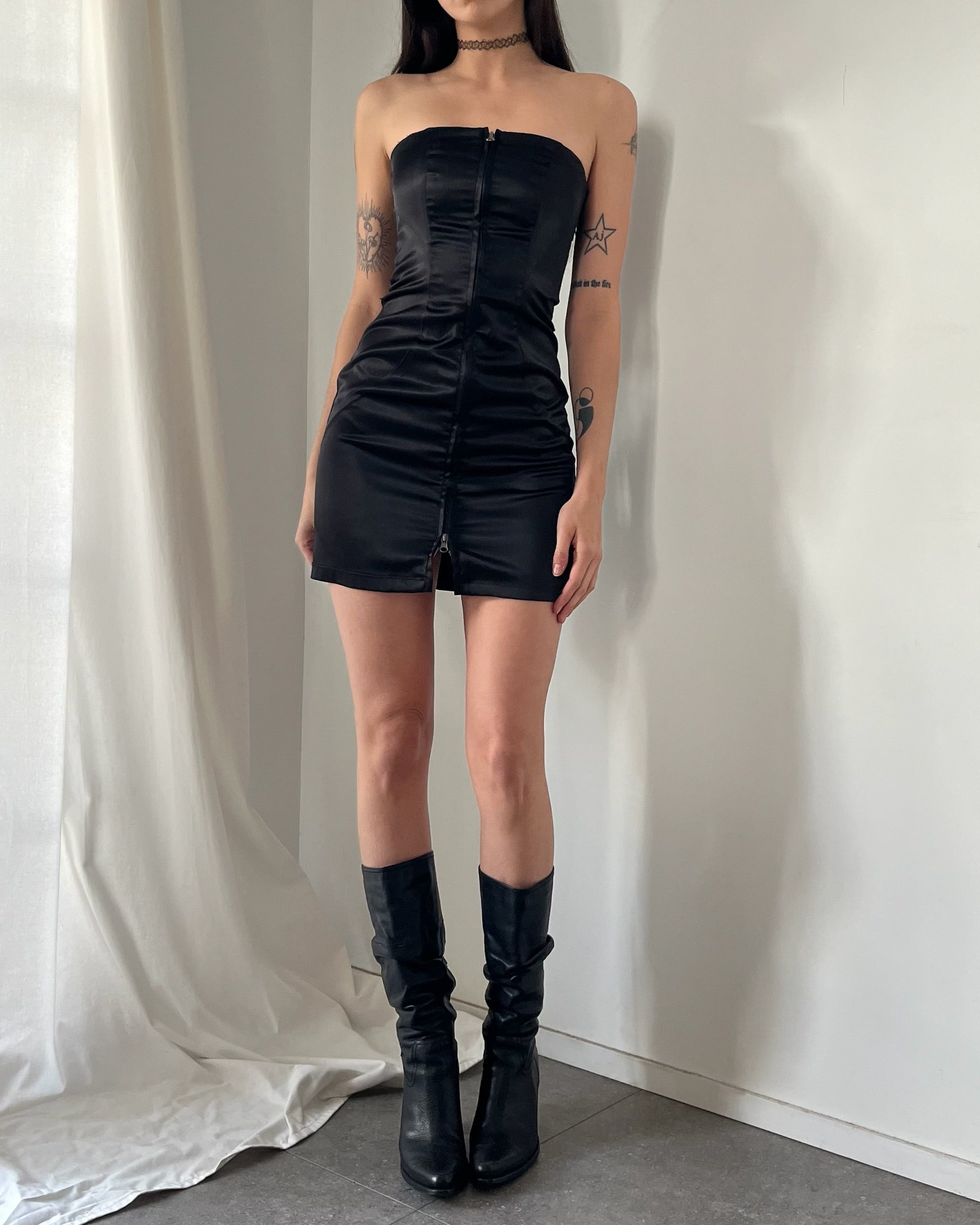 2000s black satin zip up mini dress