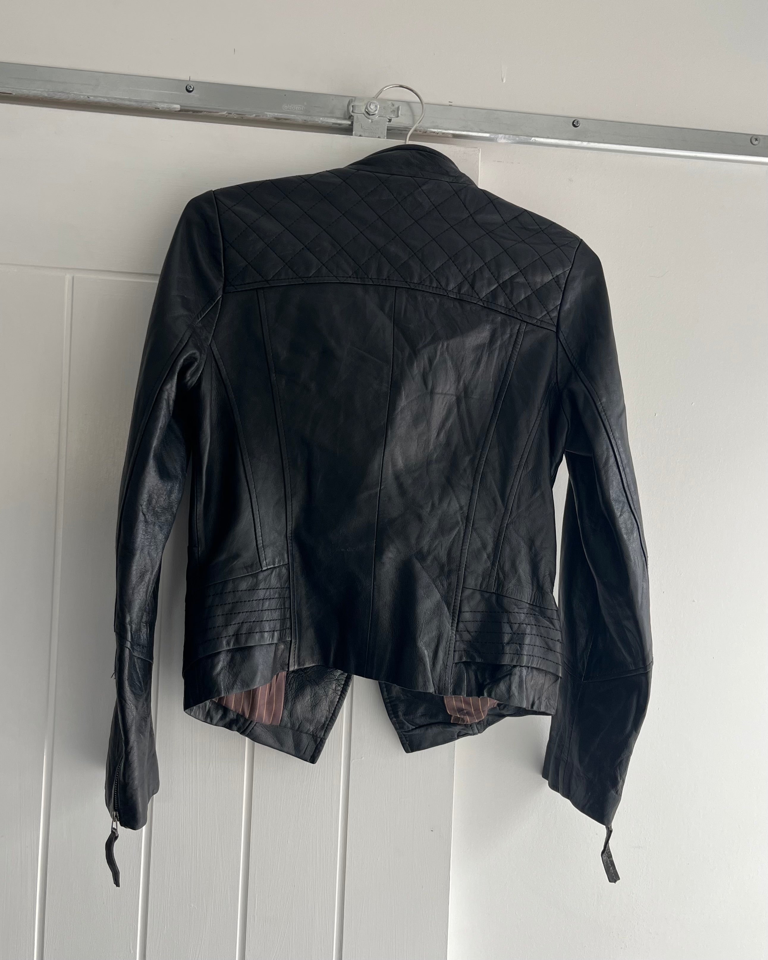 2000s black leather asymmetrical jacket