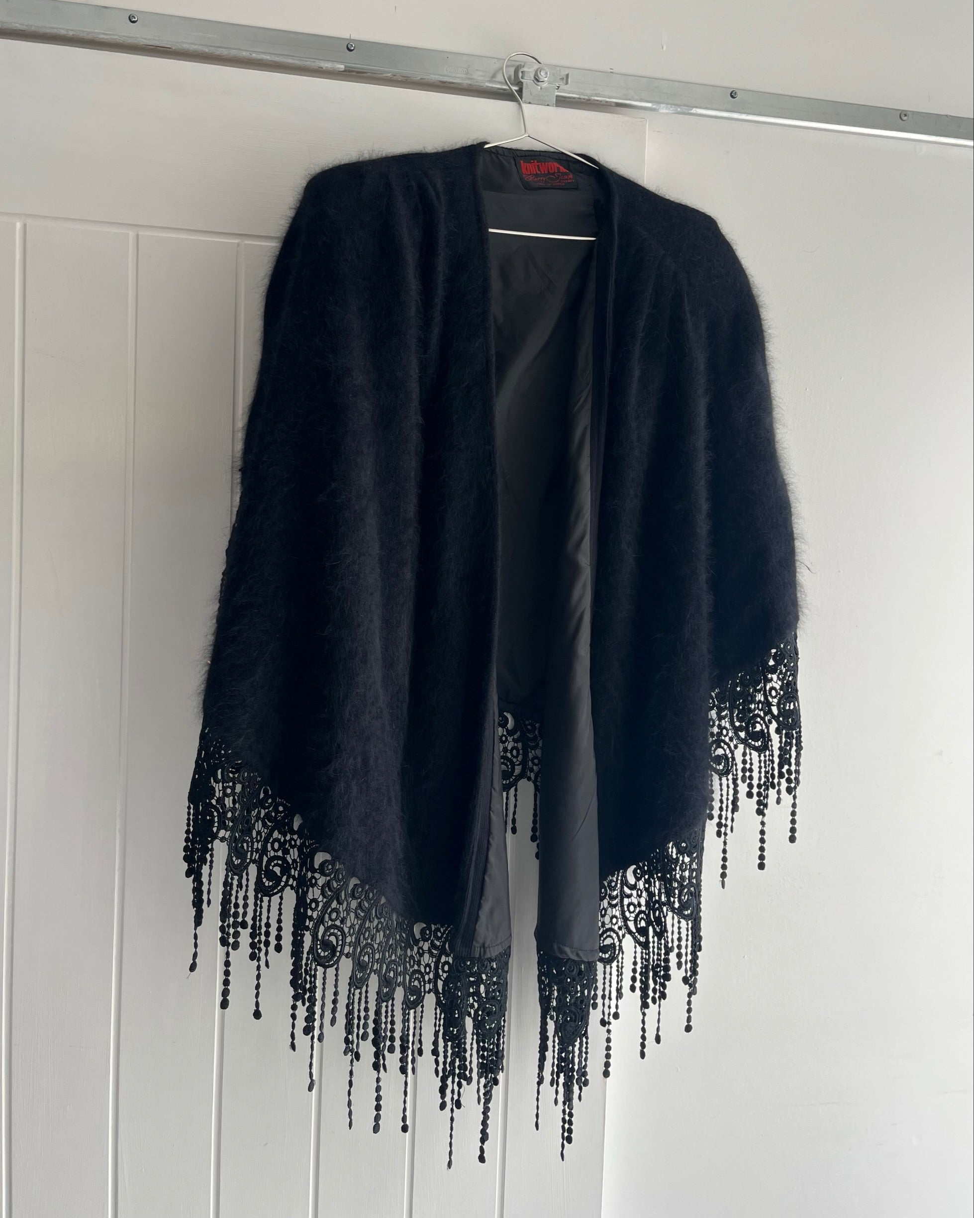 90s black angora tassel shawl