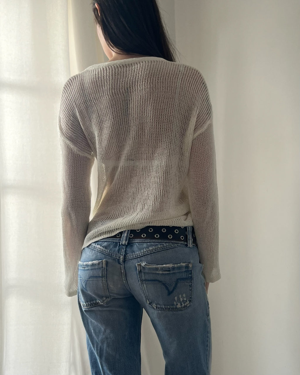 2000s white ruched knit top