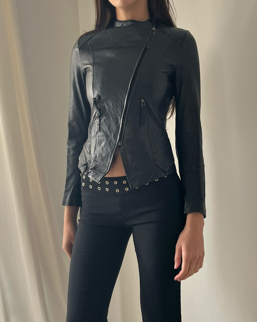 2000s black leather asymmetrical jacket