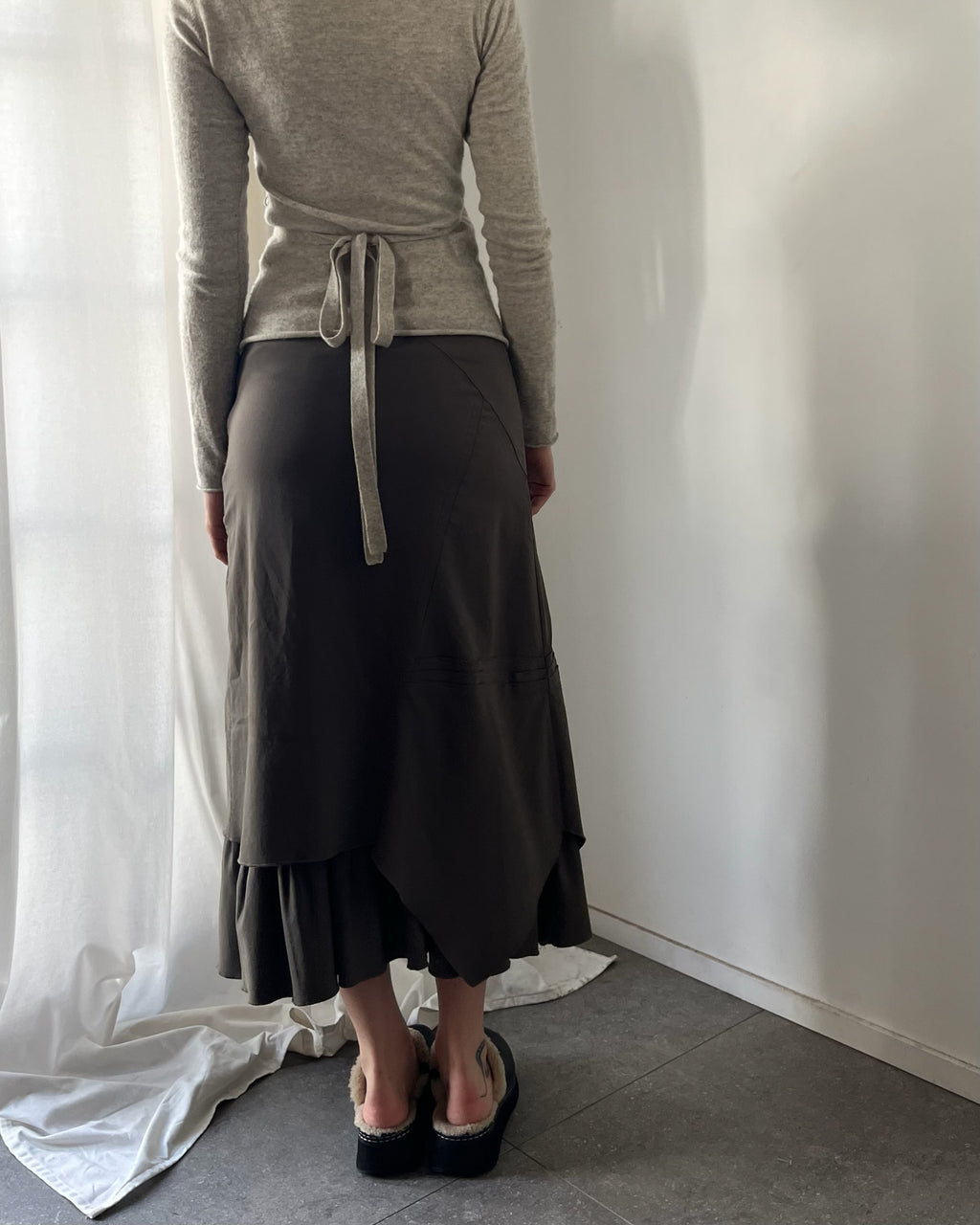 2000s asymmetrical khaki midi skirt