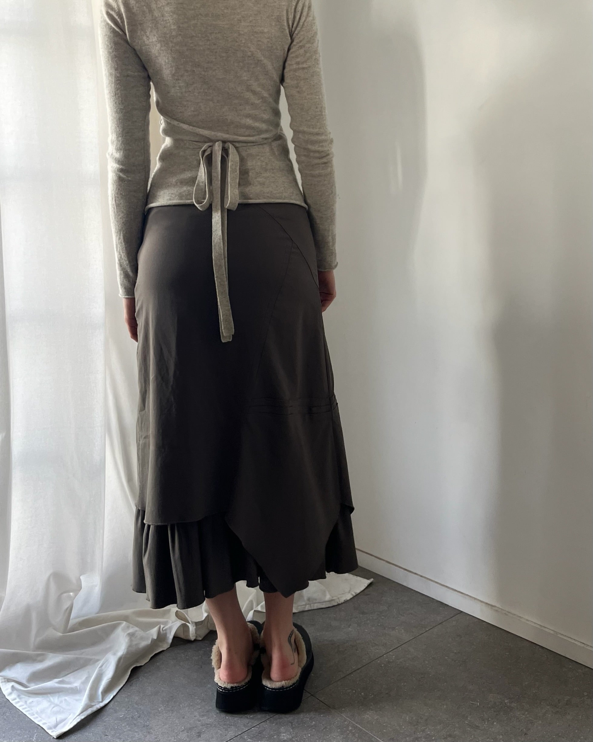 2000s asymmetrical khaki midi skirt