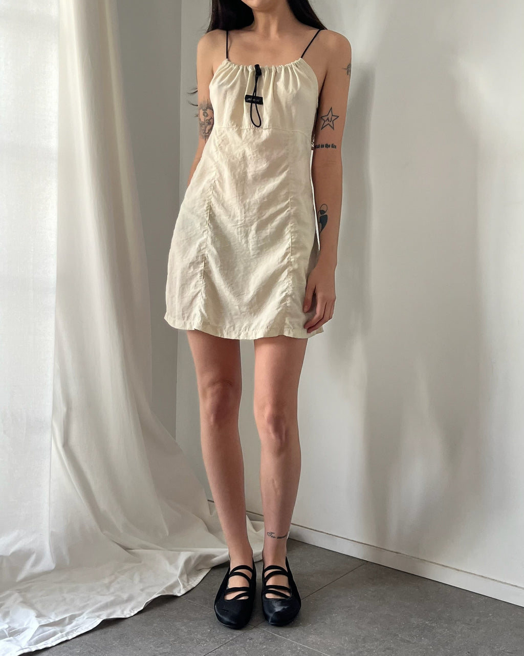 2000s cream nylon toggle mini dress