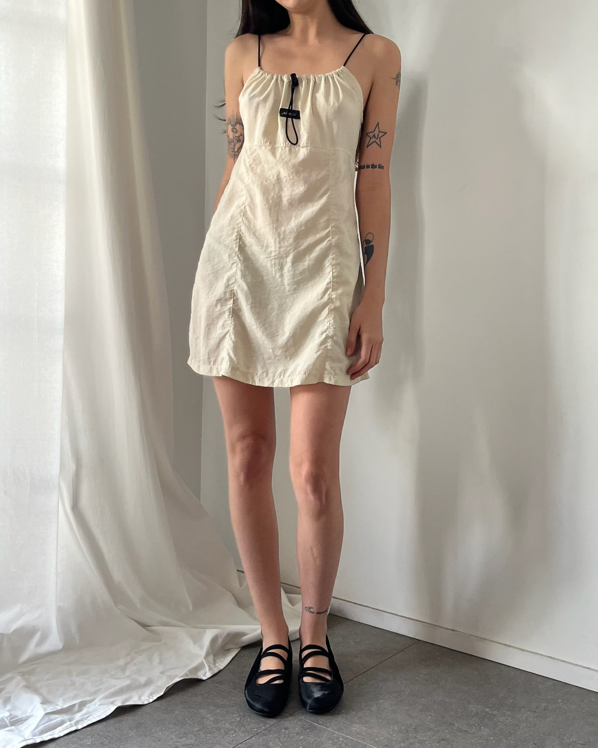2000s cream nylon toggle mini dress