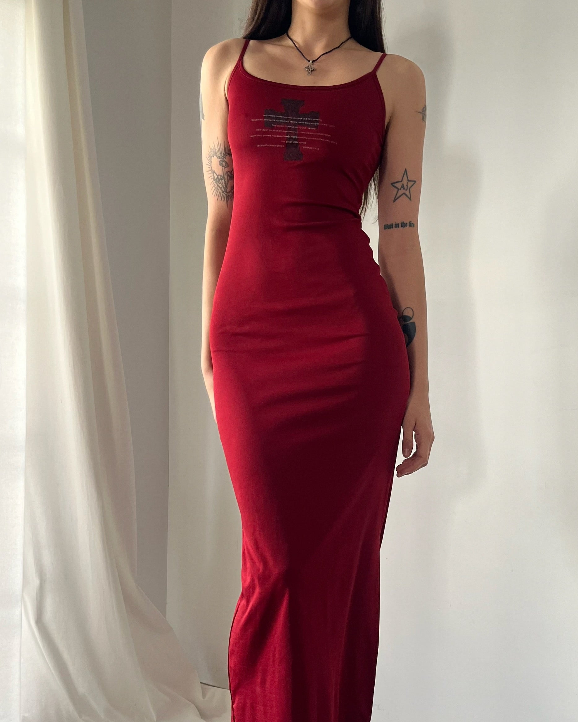 90s Red Cross print maxi dress
