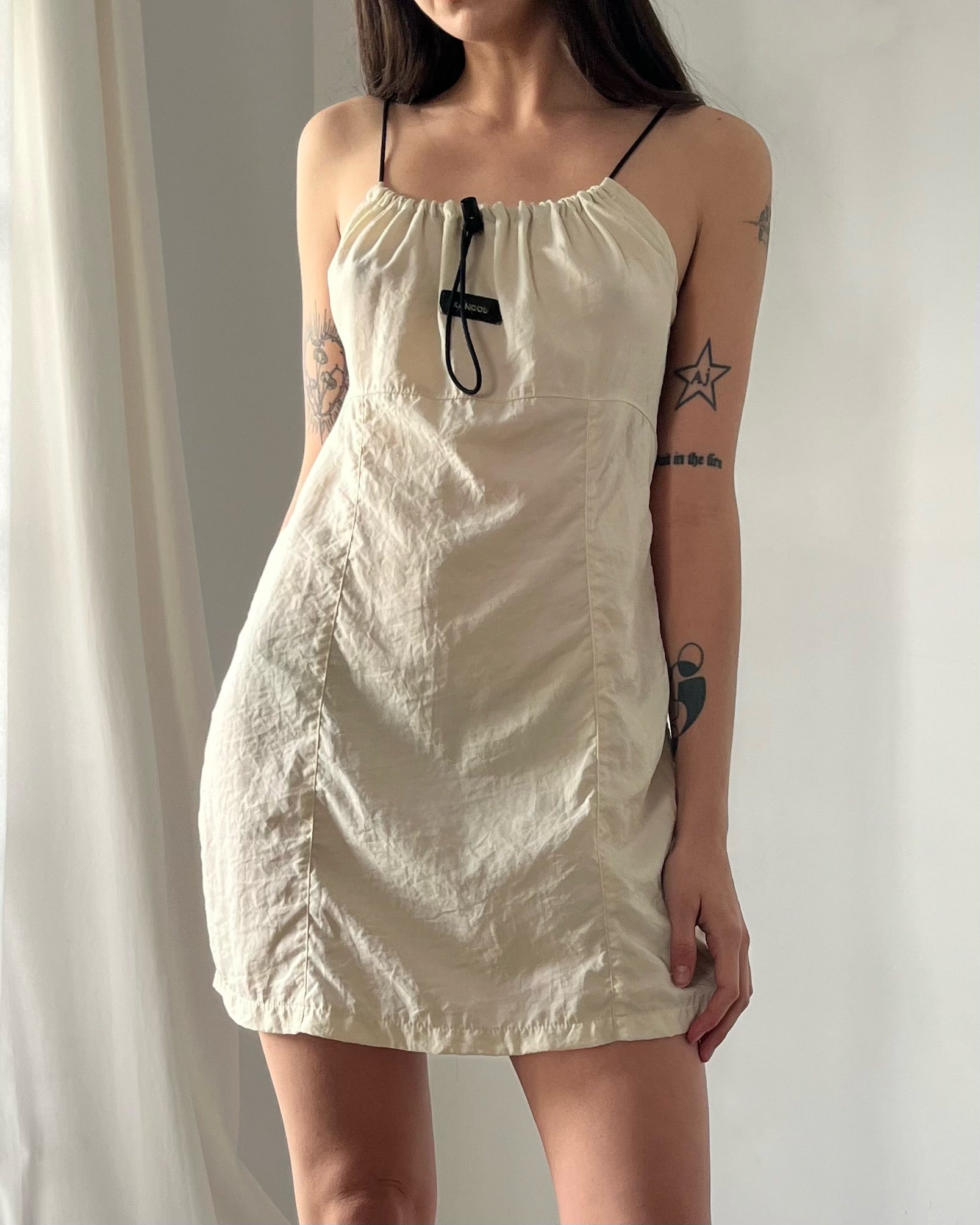2000s cream nylon toggle mini dress