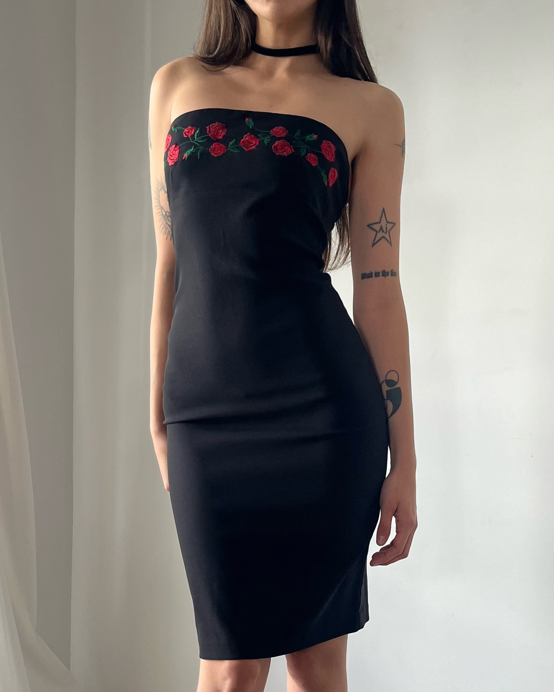 90s strapless rose midi dress