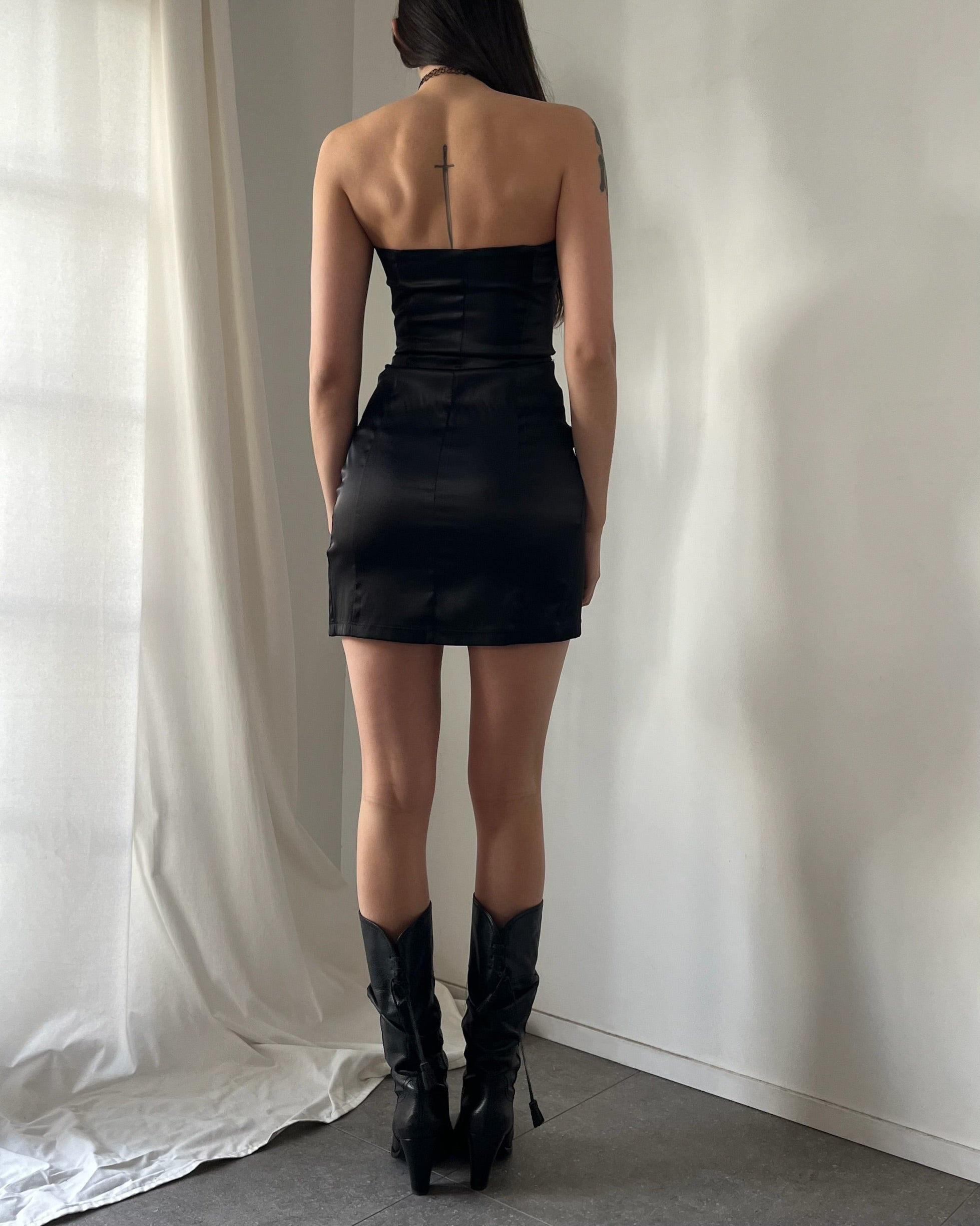 2000s black satin zip up mini dress