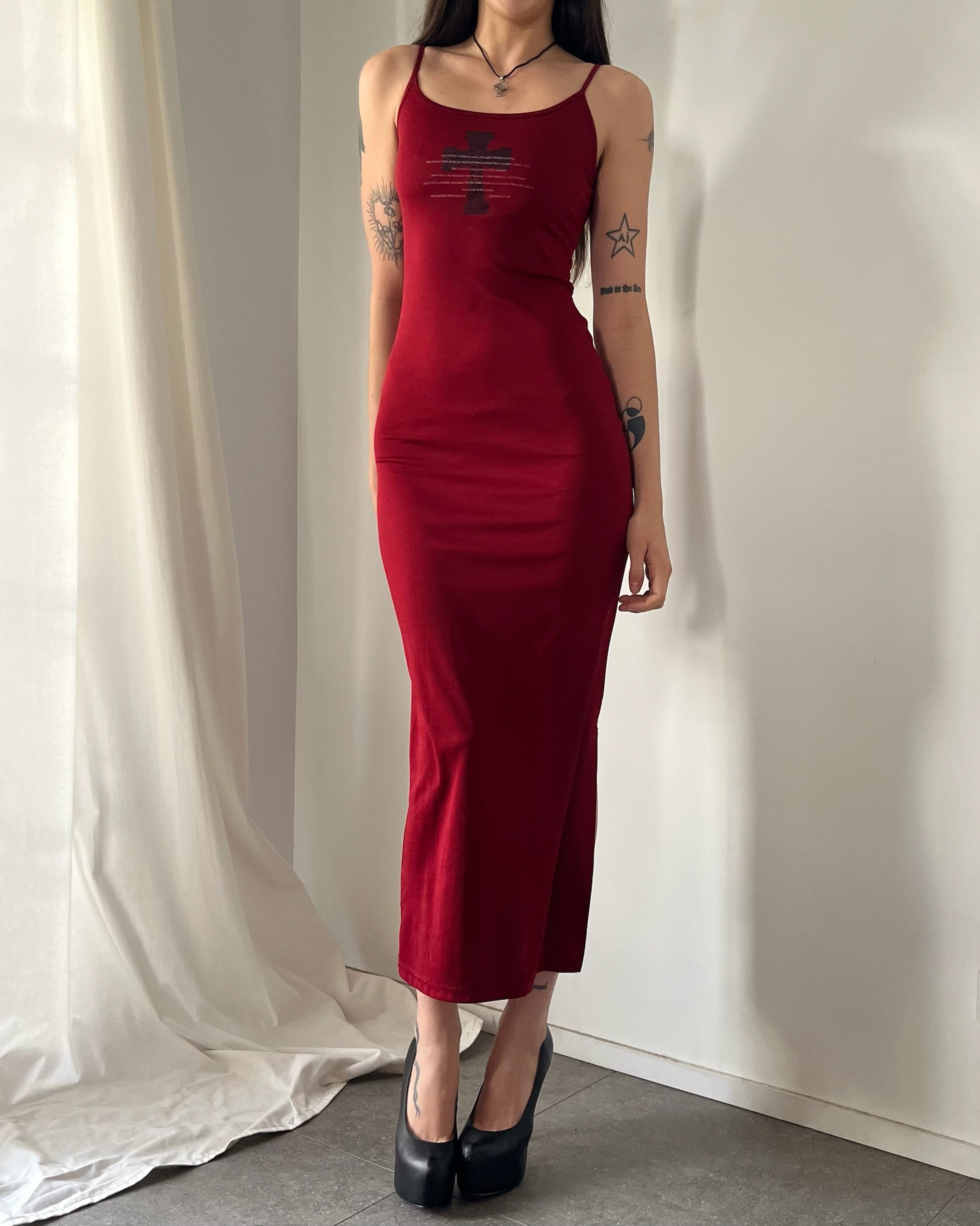 90s Red Cross print maxi dress