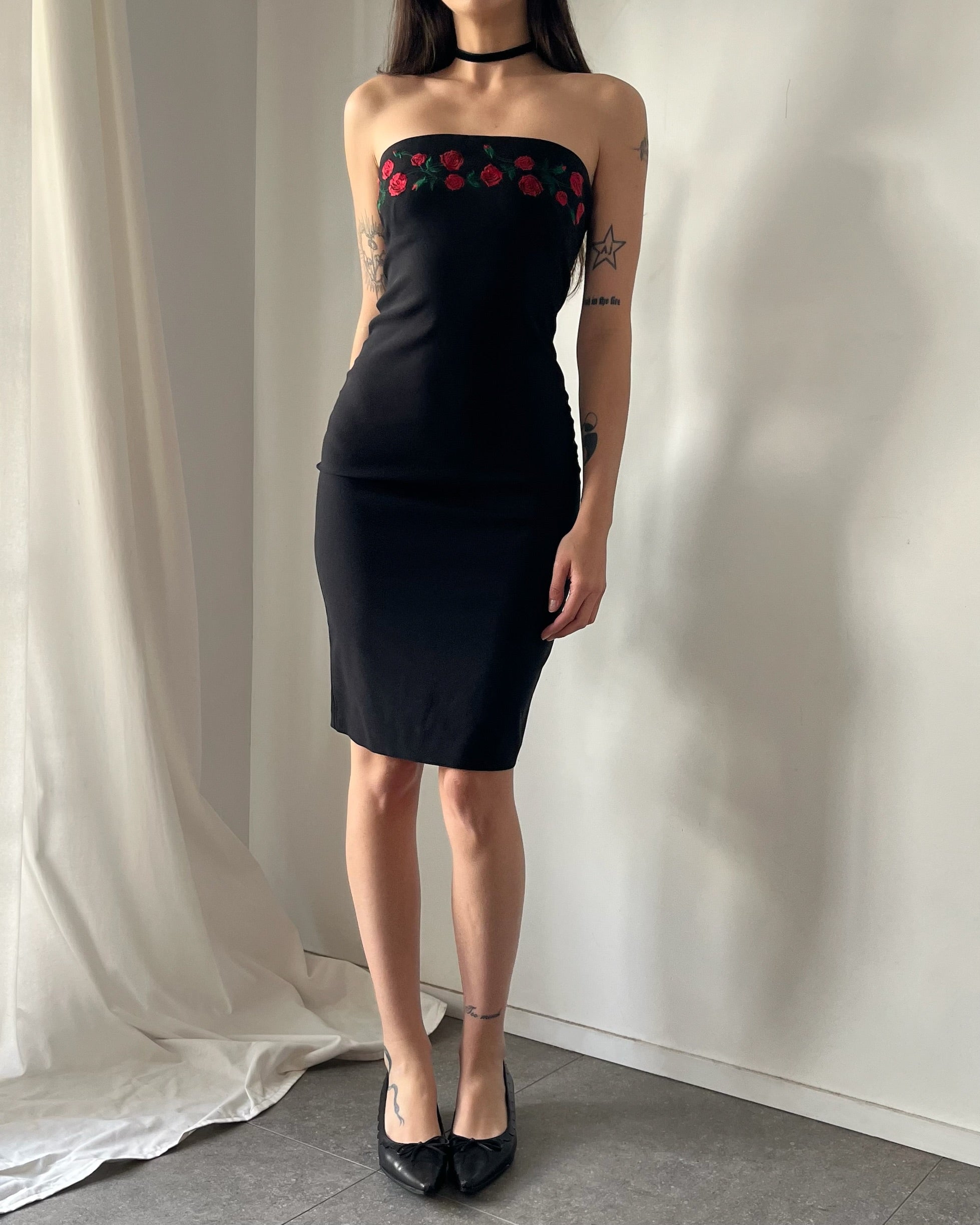 90s strapless rose midi dress
