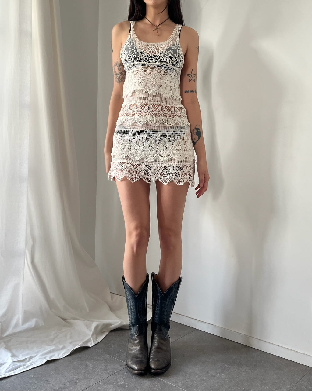 2000s white lace slip mini dress